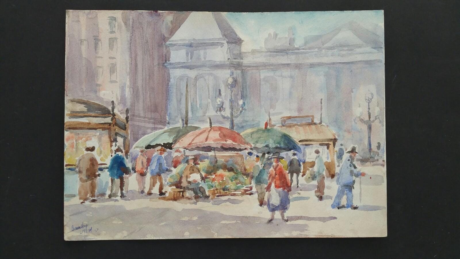 Mid 20th Century, Belgium, A Brussels Market - Art by Leonard Machin Rowe