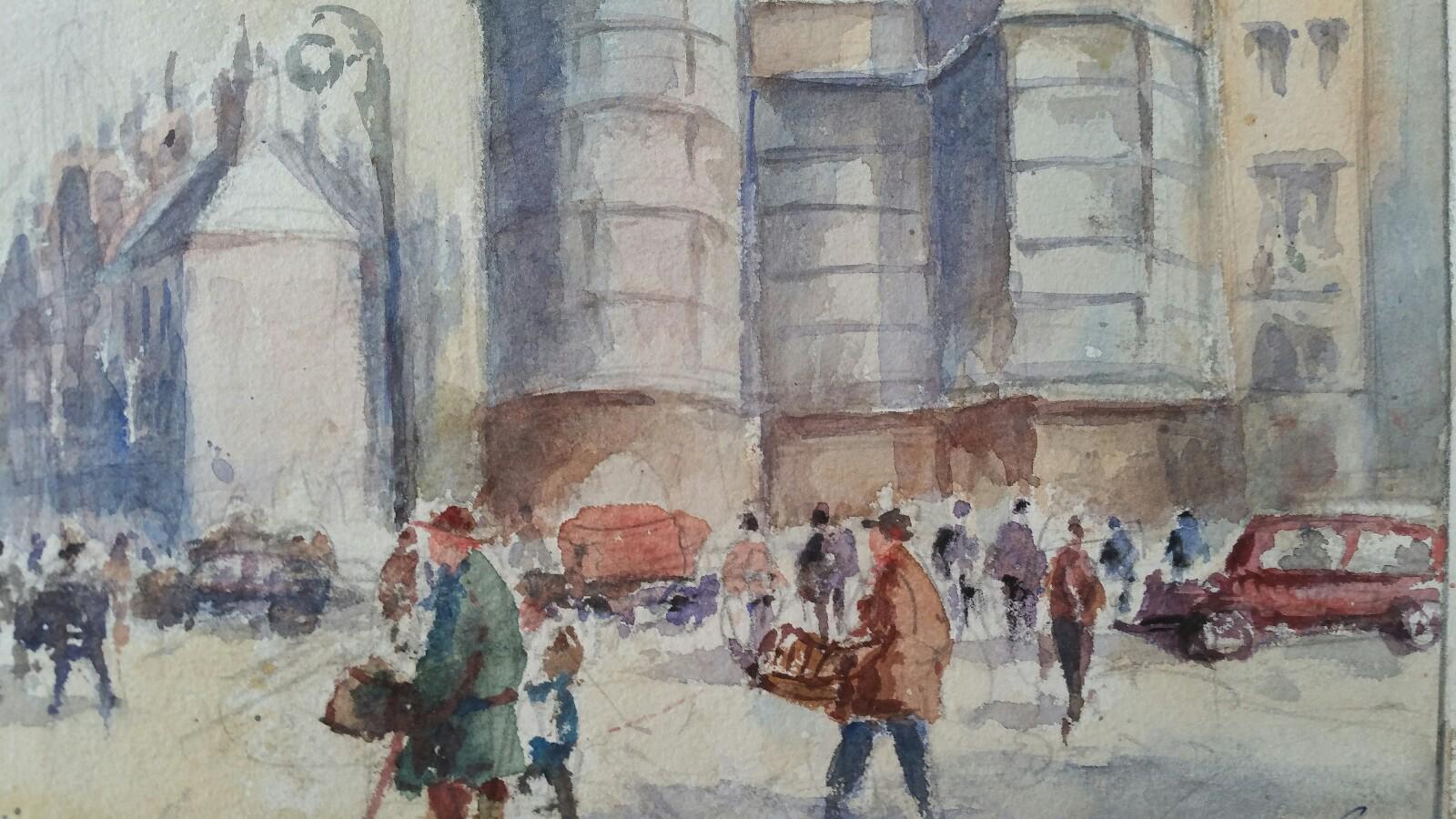 Belgium. Brussels - A Street Scene
by Leonard Machin Rowe (1880-1968)
signed front lower right corner, inscribed, dated and signed to the back
watercolour painting on artist's paper, unframed

Image 9.75 x 13.75 inches, sheet 11 x 15