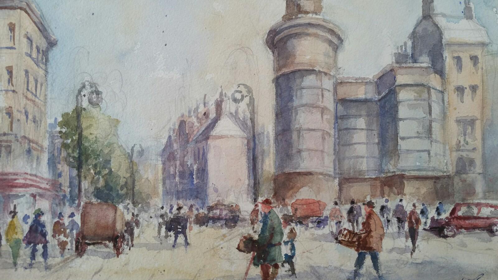 Leonard Machin Rowe Landscape Art – Mitte des 20. Jahrhunderts, Belgien, Eine Brüsseler Straßenszene