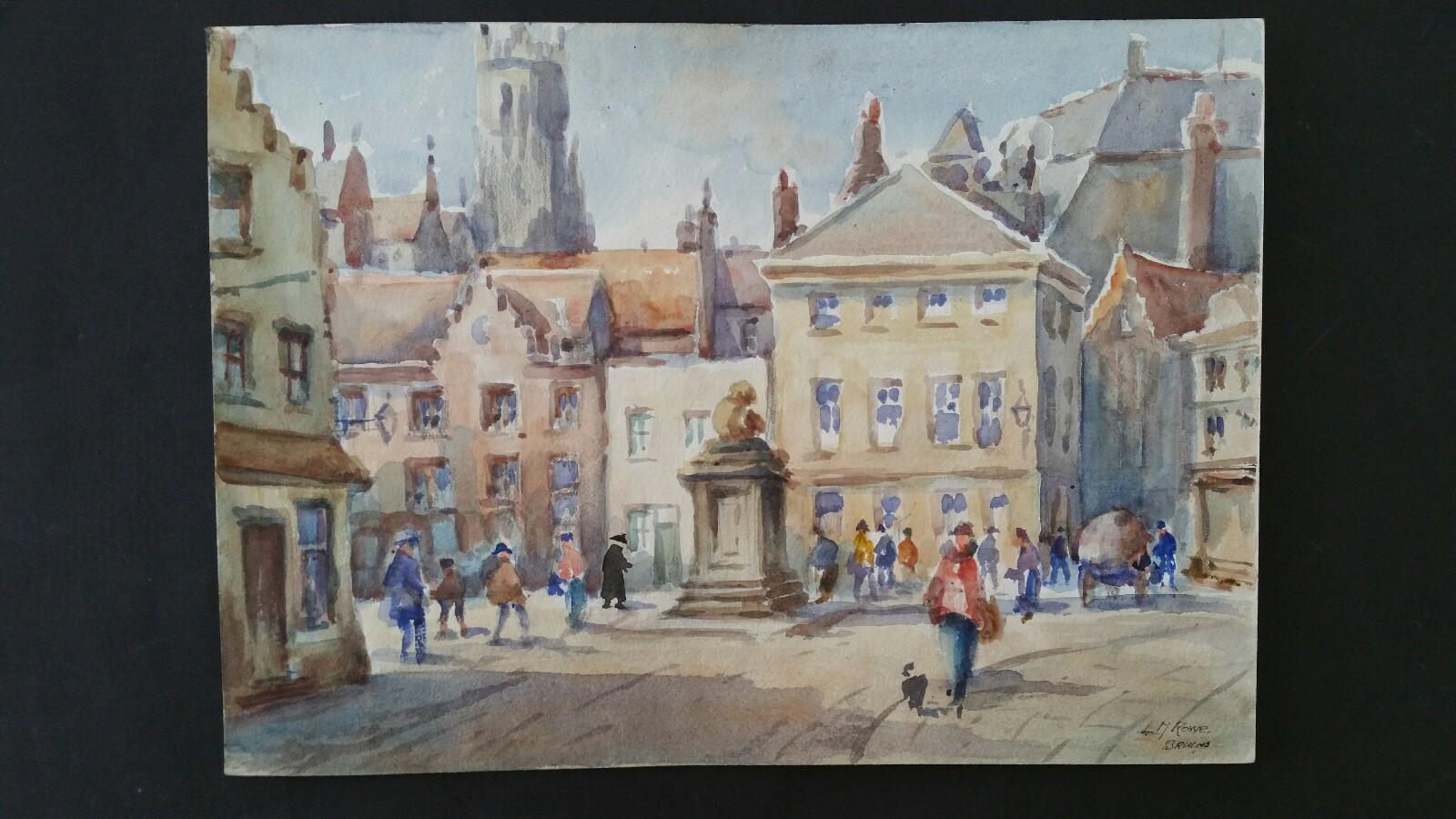 Metà del XX secolo, Belgio, Una mattina a Bruges - Painting di Leonard Machin Rowe