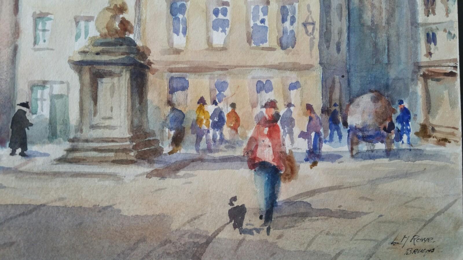 Belgio. Una mattina a Bruges
di Leonard Machin Rowe (1880-1968)
firmata in basso a destra sul fronte, scritta, datata e firmata sul retro
acquerello su carta d'artista, non incorniciato

foglio 9,75 x 13,75 pollici

Un affascinante dipinto di Leon.