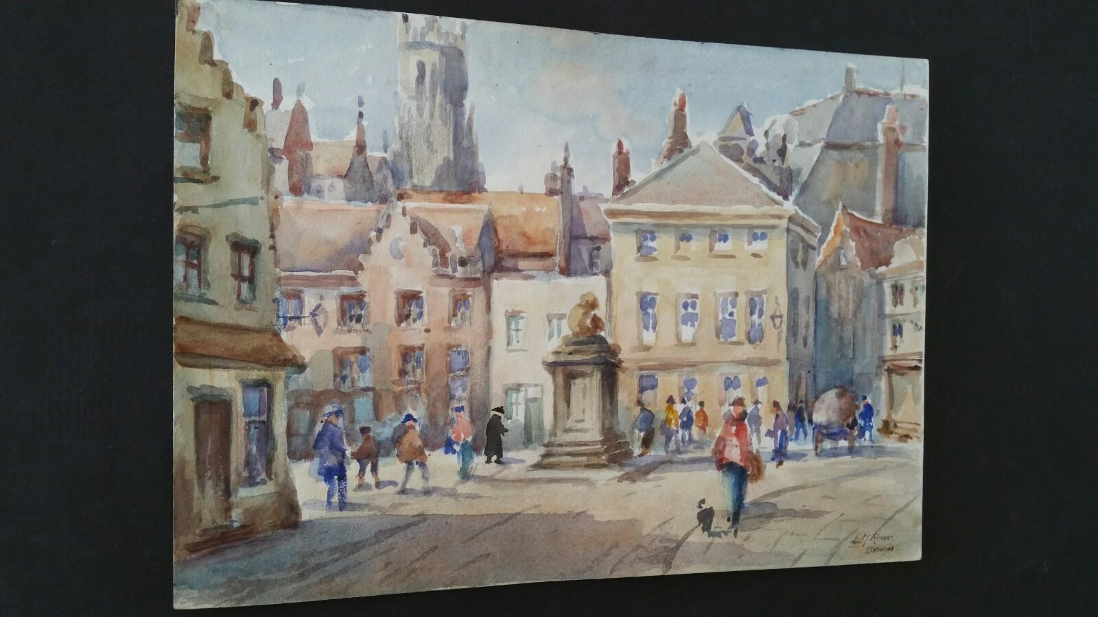 Mid 20th Century, Belgium, a Morning in Bruges - Gray Landscape Painting by Leonard Machin Rowe