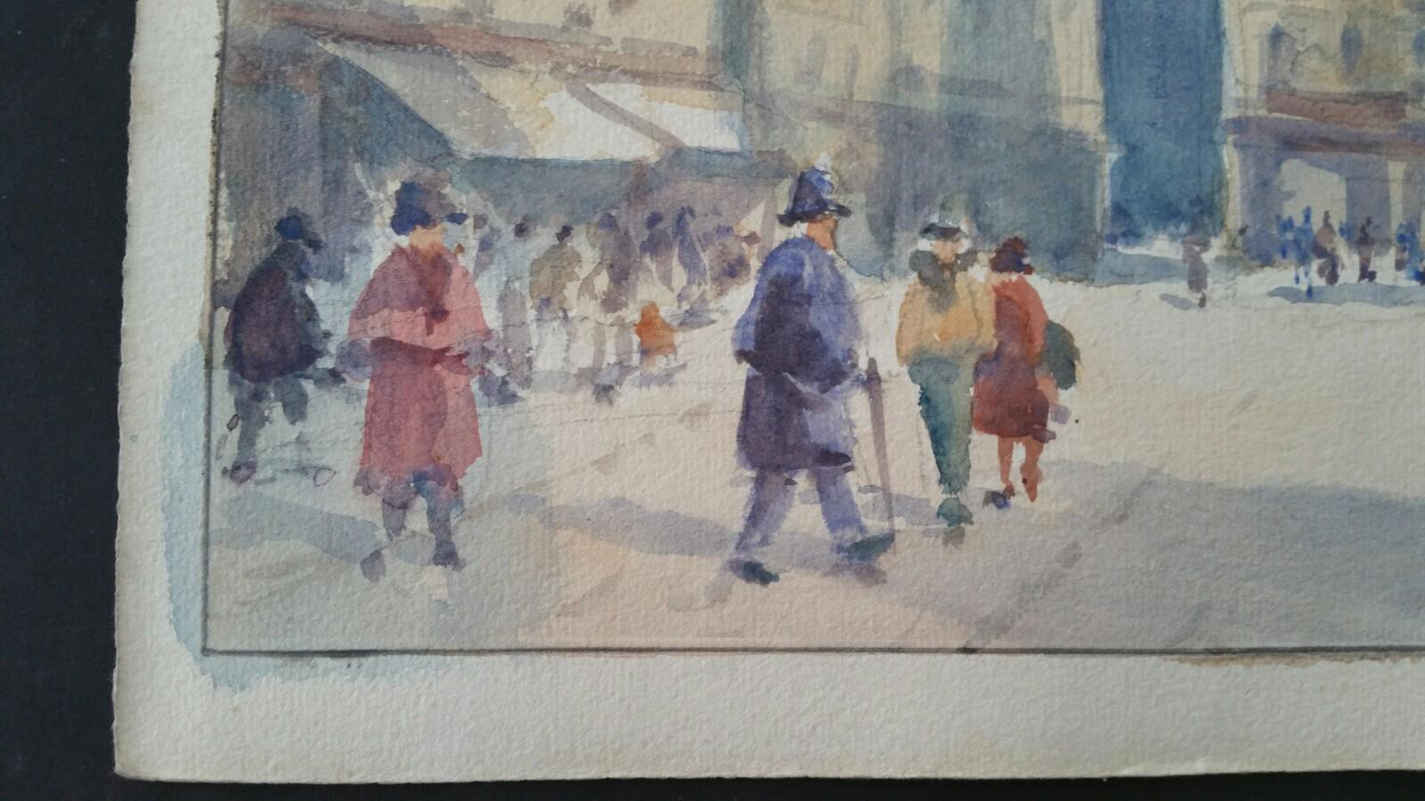 Belgium. Antwerp, a Double Sided Painting of a Busy Square 
by Leonard Machin Rowe (1880-1968)
signed and dated lower left on both sides
watercolour painting on artist's paper, unframed

Image 9.75 x 13.75 inches, sheet 11.x 15 inches

Tweo