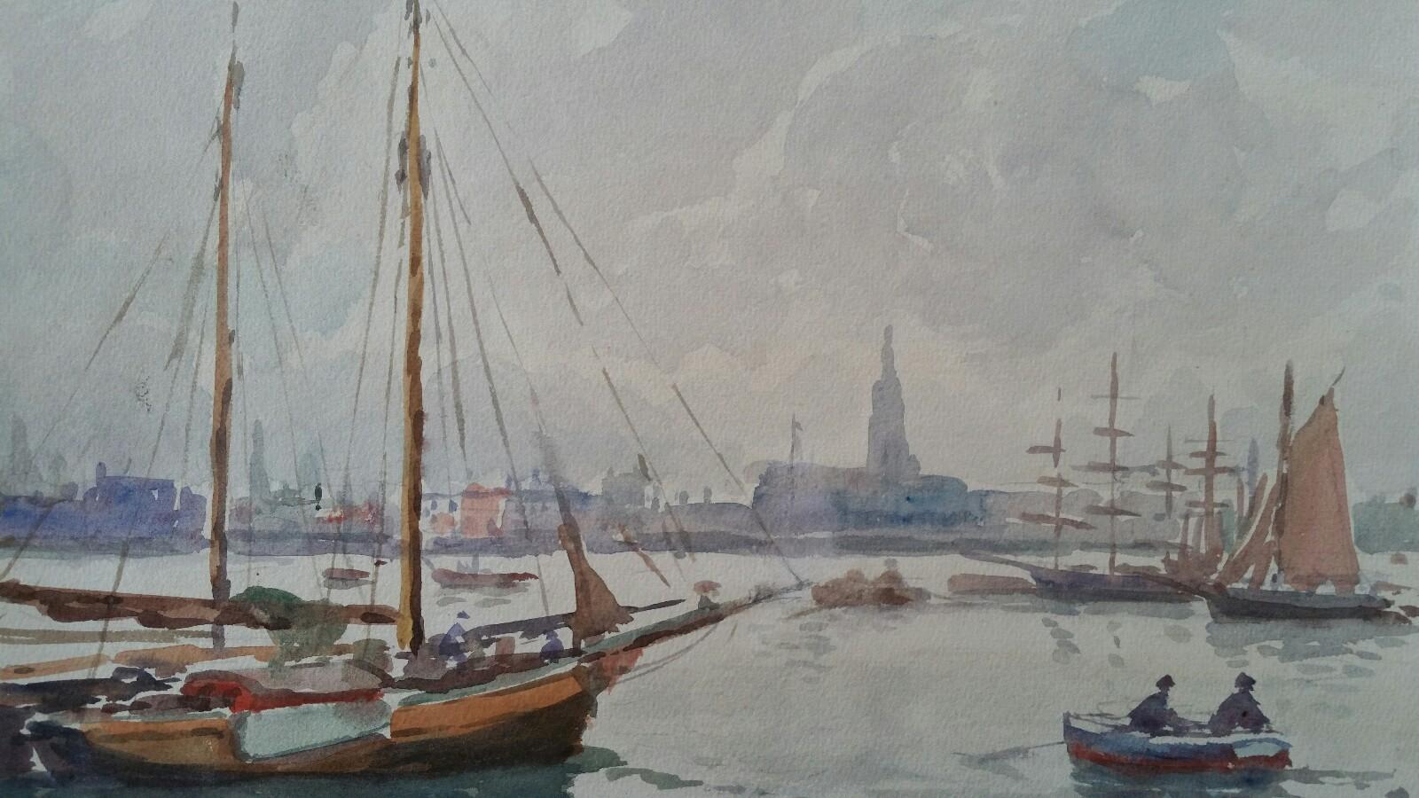 Landscape Art Leonard Machin Rowe - Mid 20th Century, Belgique, Anvers, de la Schelde