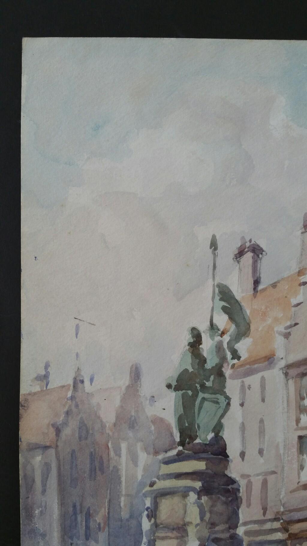 Mid 20th Century, Belgium, Bruges, Market Square Monument - Impressionist Art by Leonard Machin Rowe