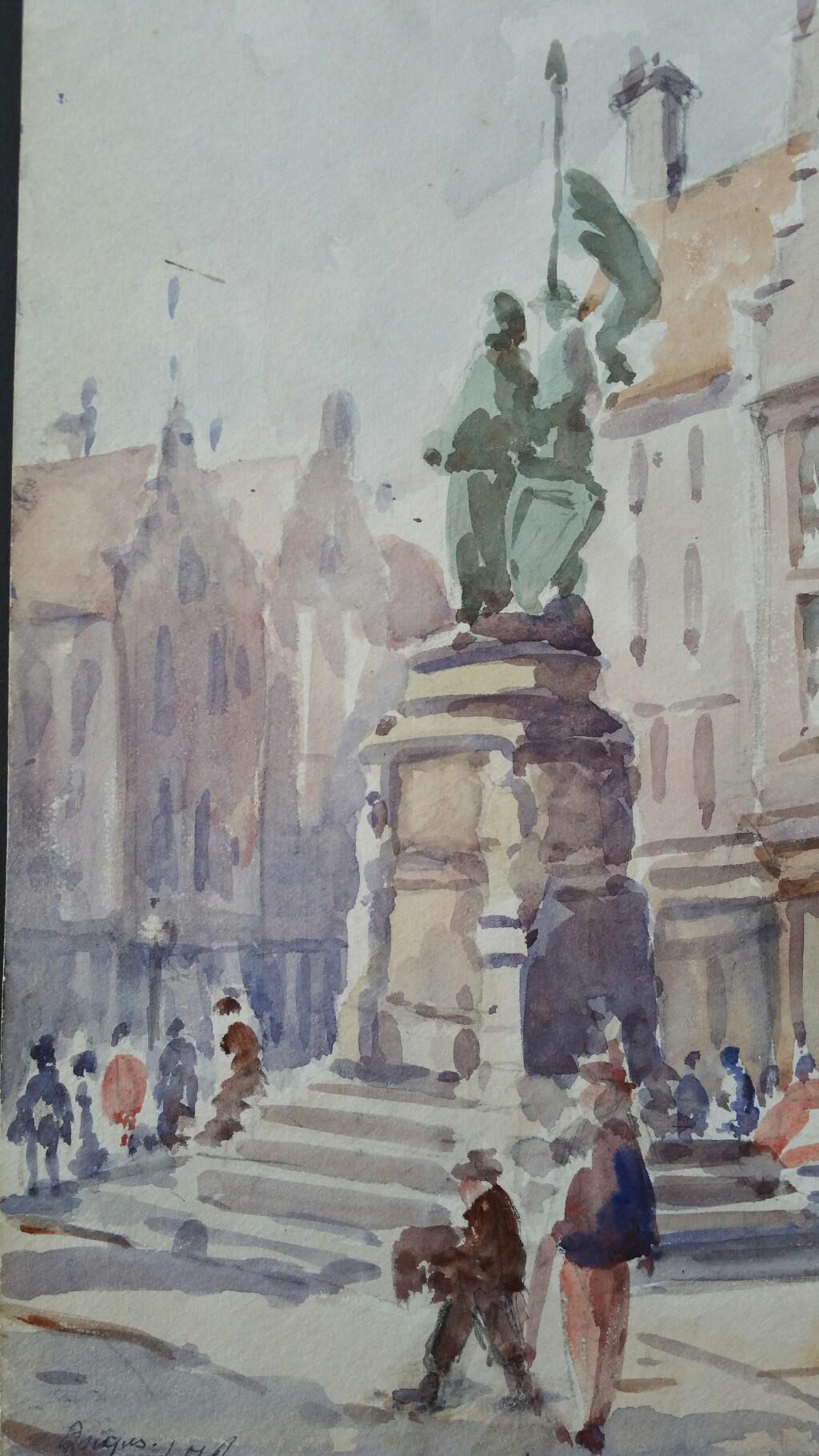 Belgium. Bruges, The Market Square Monument
by Leonard Machin Rowe (1880-1968)
signed, inscribed and dated front lower left, inscribed, signed and dated to the back
watercolour painting on artist's paper, unframed

Sheet 9.75 x 13.75
