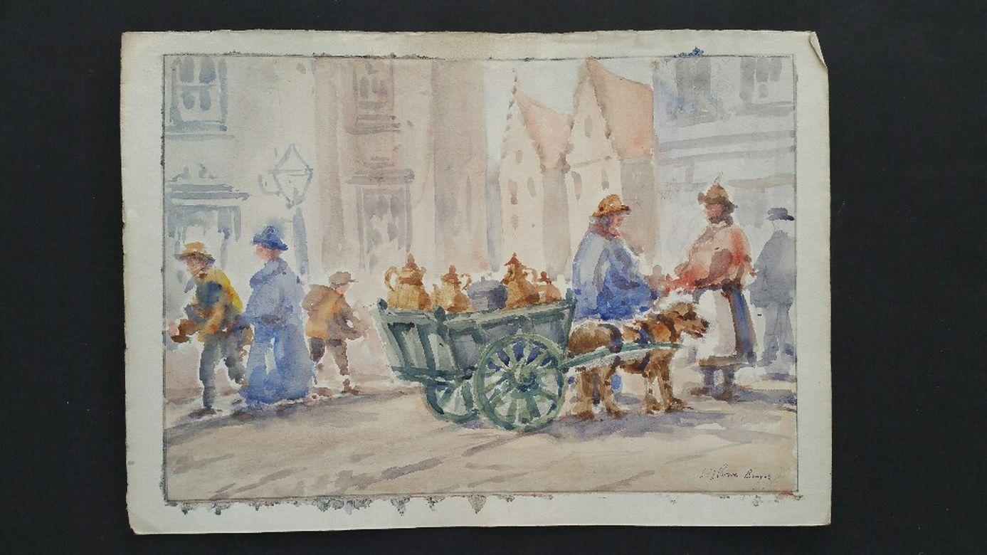 Mid 20th Century, Belgium. Bruges, Milk Cart Drawn by a Dog - Painting by Leonard Machin Rowe