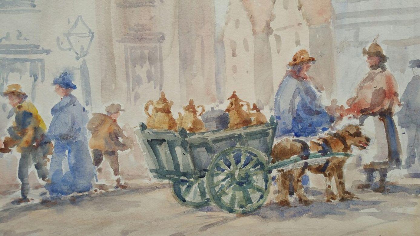 Leonard Machin Rowe Landscape Painting - Mid 20th Century, Belgium. Bruges, Milk Cart Drawn by a Dog