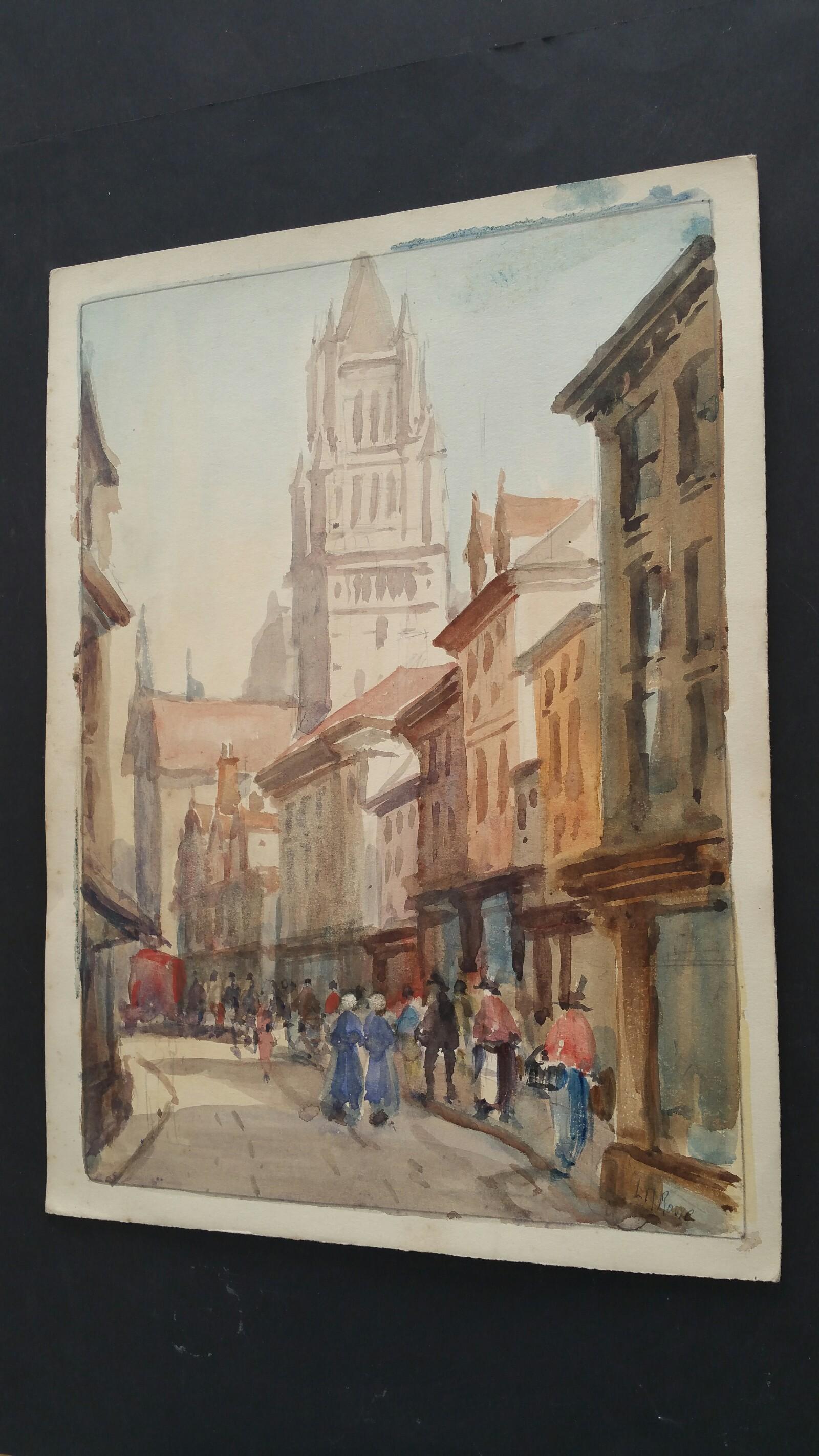 Belgium.  Bruges, St Saviours (St Salvator) Cathedral  
by Leonard Machin Rowe (1880-1968)
signed front lower right, inscribed to the back
watercolour painting on artist's paper, unframed

Image 13.75 x 9.75 inches, sheet 15 x 11 inches

Really