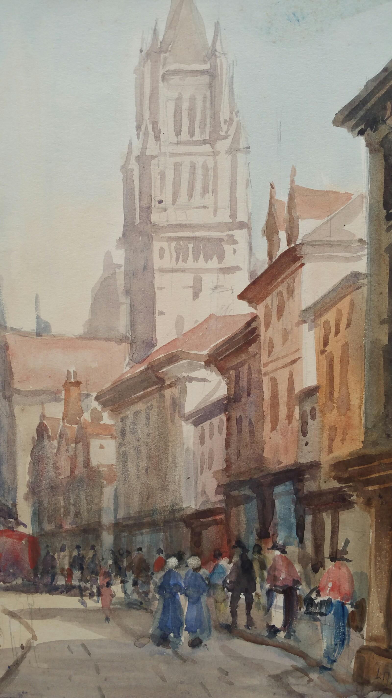 Leonard Machin Rowe Landscape Painting - Mid 20th Century, Belgium. Bruges, St Saviours Cathedral