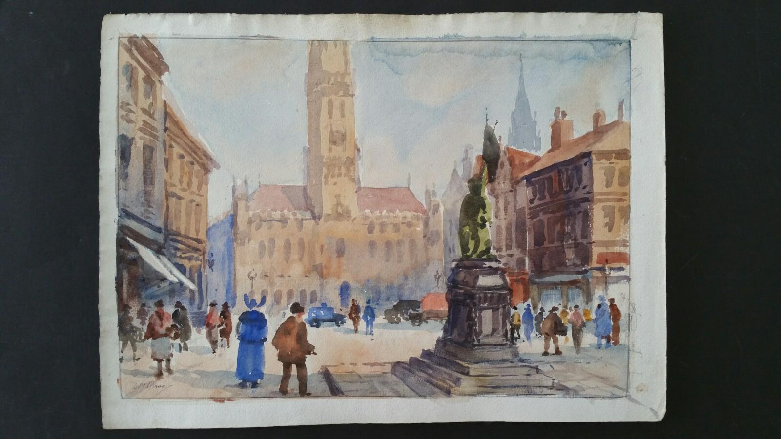 Mid 20th Century, Belgium, Bruges, The Market Square - Art by Leonard Machin Rowe