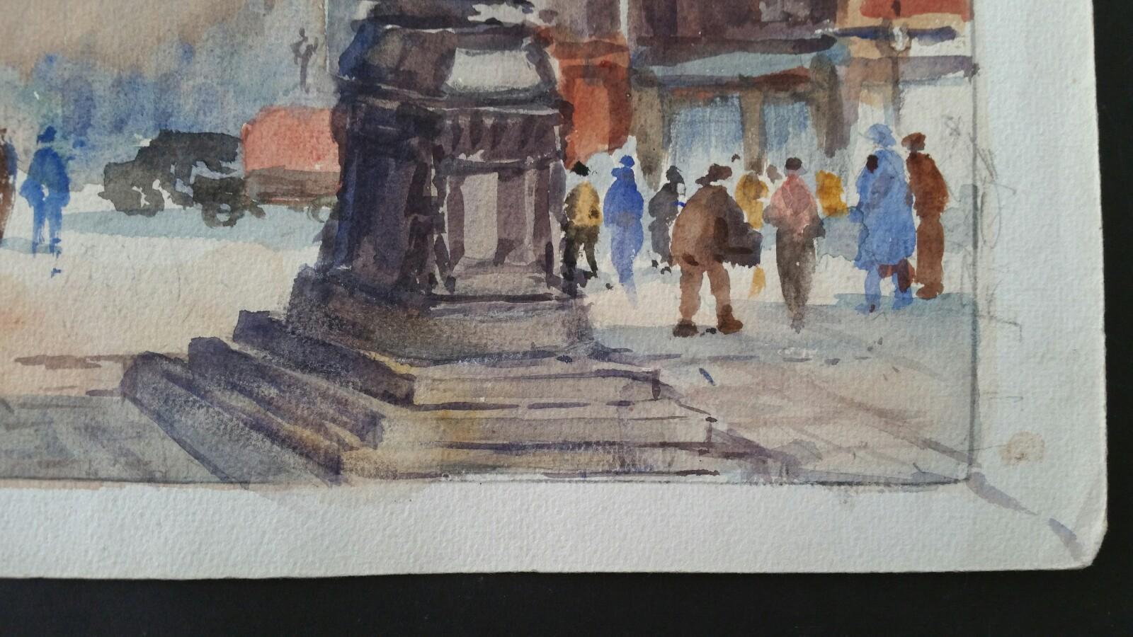 Mid 20th Century, Belgium, Bruges, The Market Square - Impressionist Art by Leonard Machin Rowe