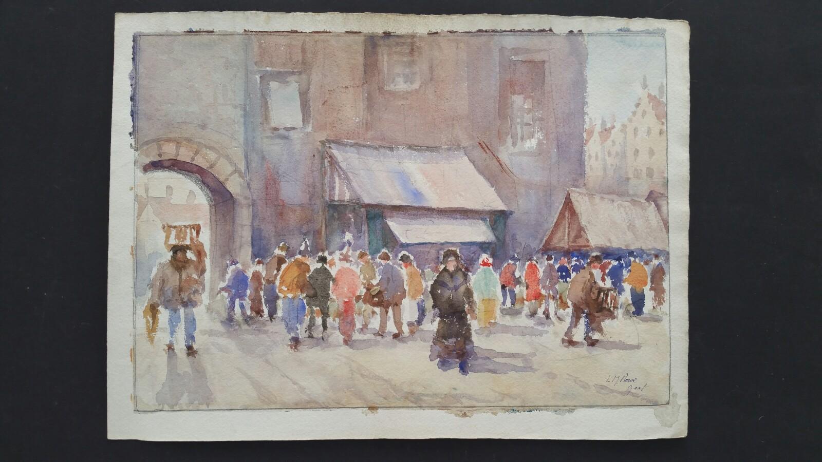Mediados del siglo XX Bélgica. Gent, un mercado matutino - Painting de Leonard Machin Rowe
