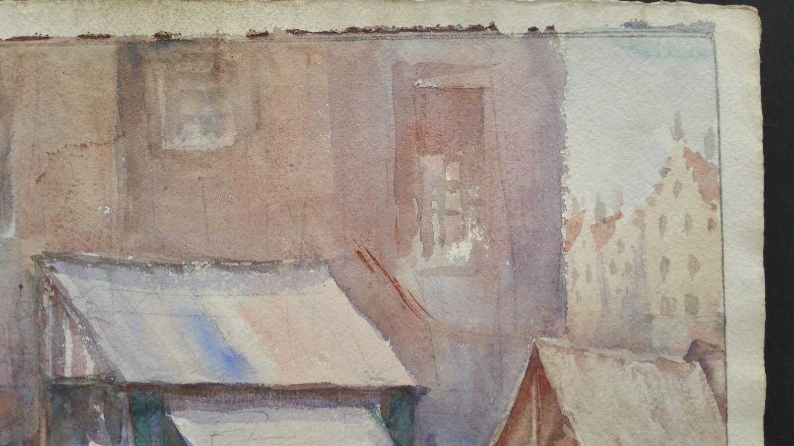 Mediados del siglo XX Bélgica. Gent, un mercado matutino - Landscape Painting Gris de Leonard Machin Rowe