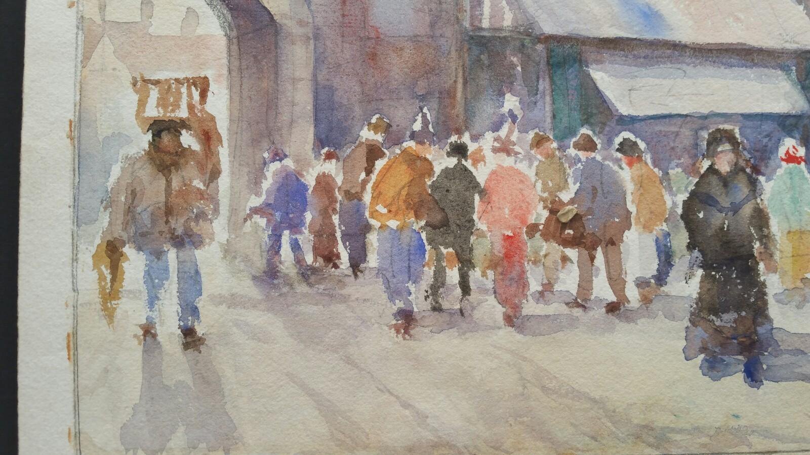 Mid 20th Century Belgium. Gent, a Morning Market - Impressionist Painting by Leonard Machin Rowe