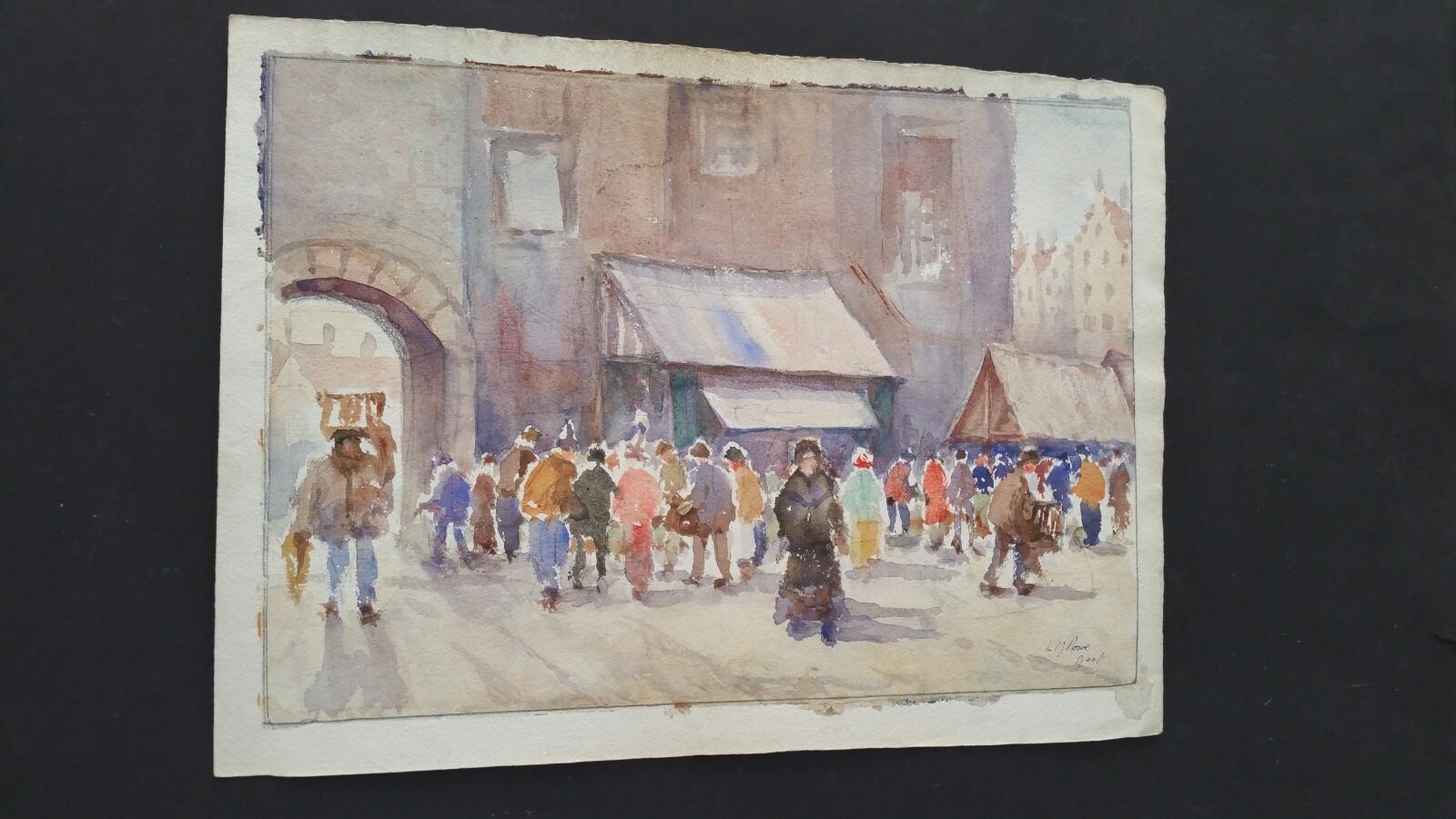 Belgium.  Gent Morning Market  
by Leonard Machin Rowe (1880-1968)
signed front lower right, inscribed to the back
watercolour painting on artist's paper, unframed

Image 9.75 x 13.75 inches, sheet 11 x 15 inches

Charming painting by Leon. Rowe,