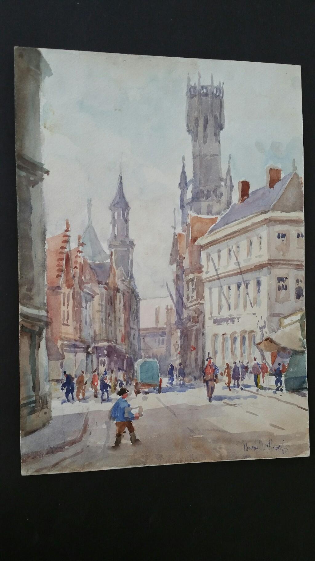Mid 20th Century, Belgium, the Bell Tower in Bruges - Art by Leonard Machin Rowe