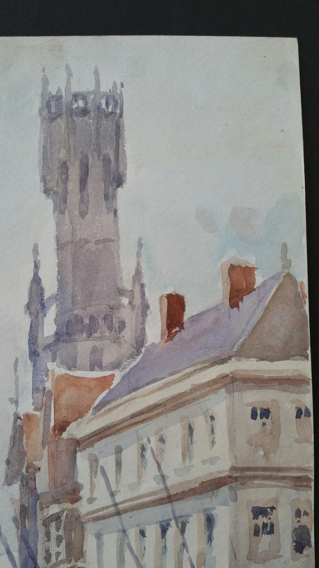Mid 20th Century, Belgium, the Bell Tower in Bruges - Impressionist Art by Leonard Machin Rowe