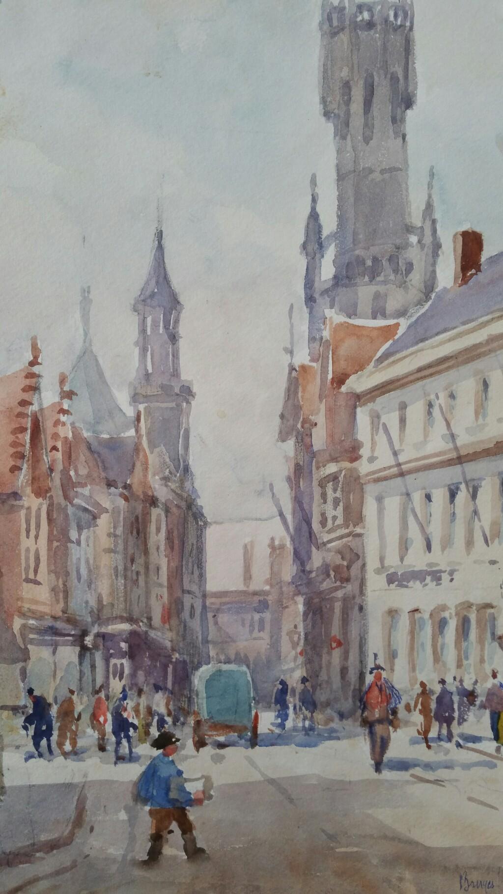 Leonard Machin Rowe Landscape Art - Mid 20th Century, Belgium, the Bell Tower in Bruges