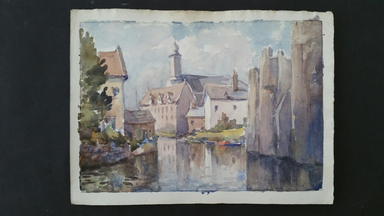 Mid 20th Century, Ghent, Belgium Chateau des Comtes from Hoofdbrug - Art by Leonard Machin Rowe