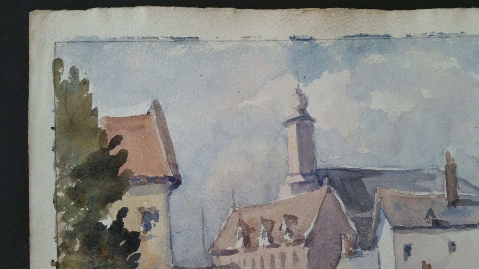 Mid 20th Century, Ghent, Belgium Chateau des Comtes from Hoofdbrug - Gray Landscape Art by Leonard Machin Rowe