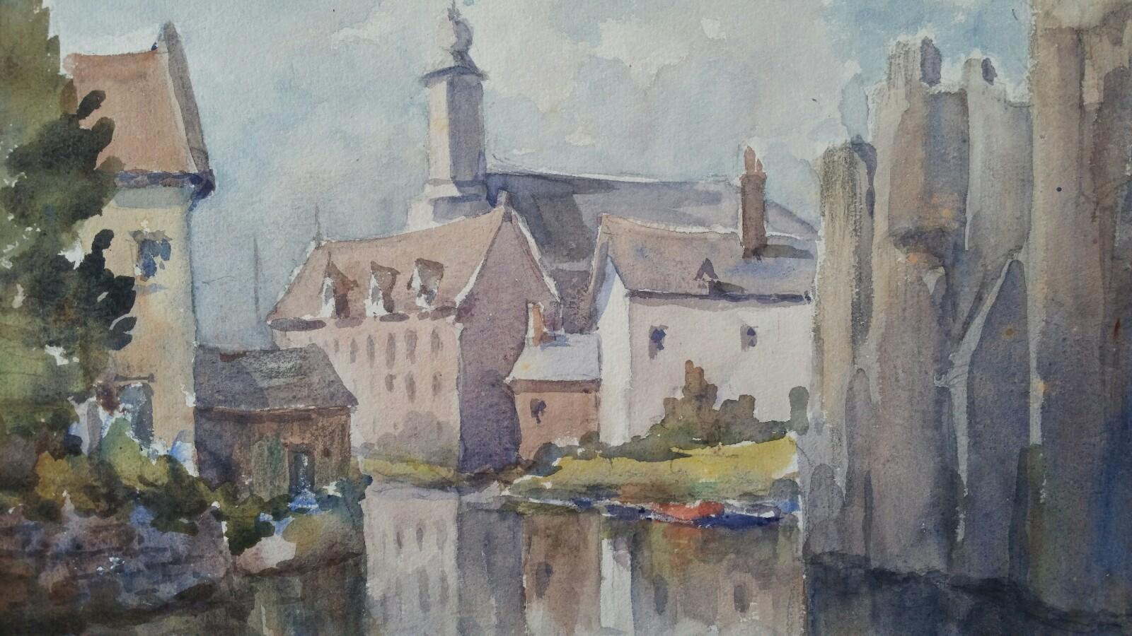 Leonard Machin Rowe Landscape Art - Mid 20th Century, Ghent, Belgium Chateau des Comtes from Hoofdbrug