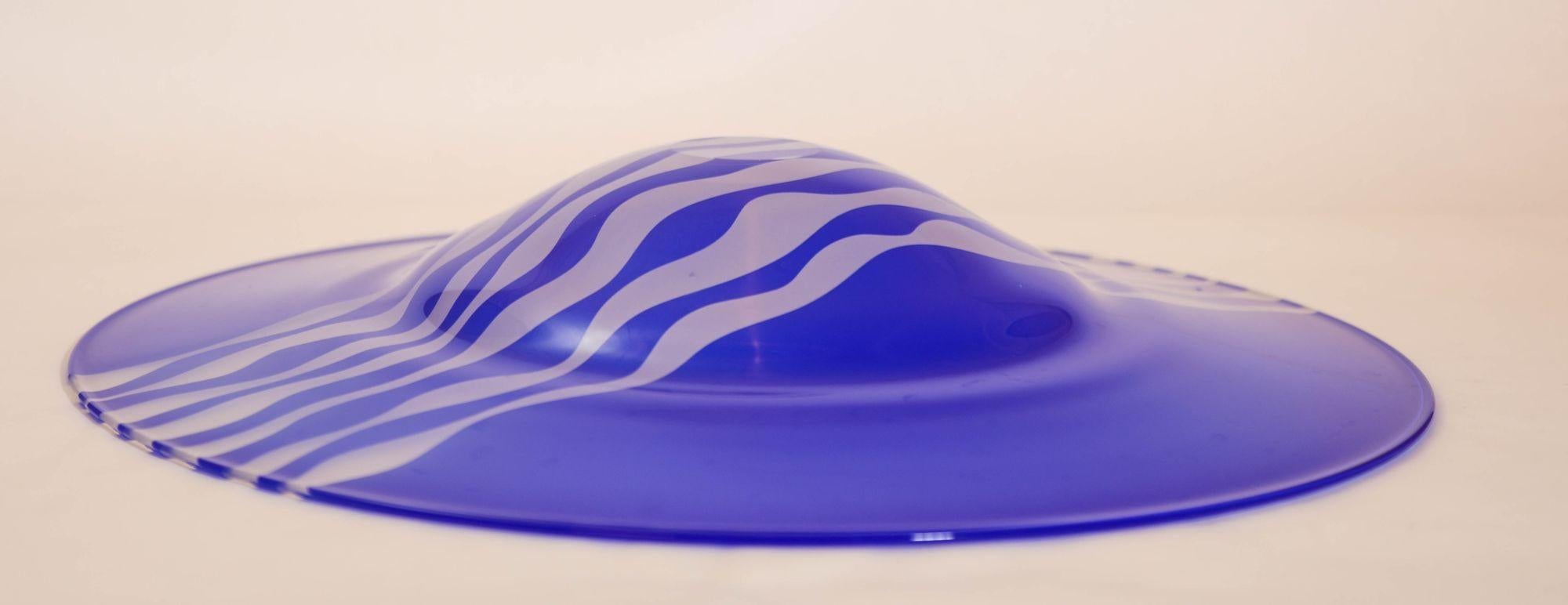 American Leonard Marty Cobalt Blue with Etched Waves Large Art Glass Bowl Signed Dated For Sale