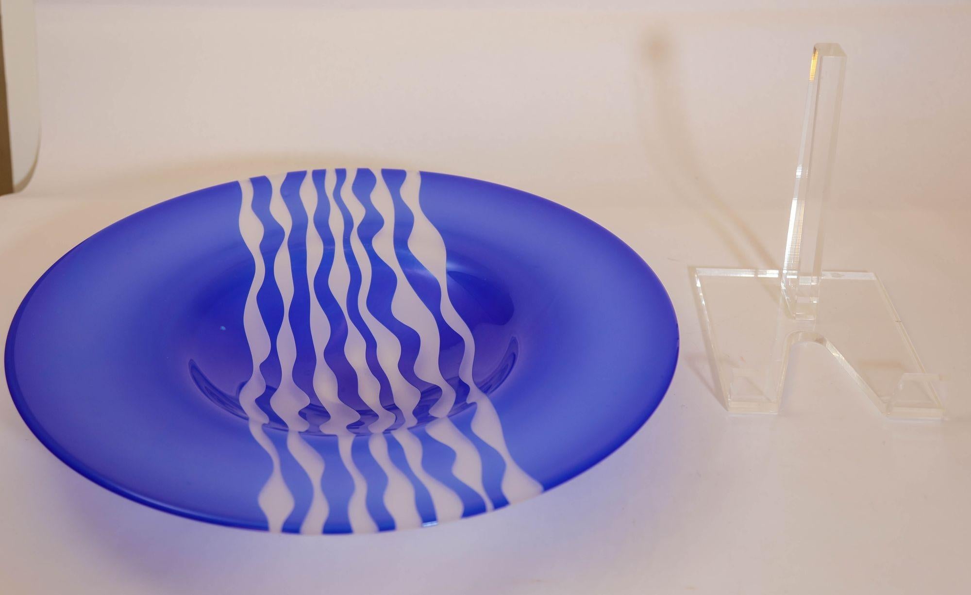 Hand-Crafted Leonard Marty Cobalt Blue with Etched Waves Large Art Glass Bowl Signed Dated For Sale