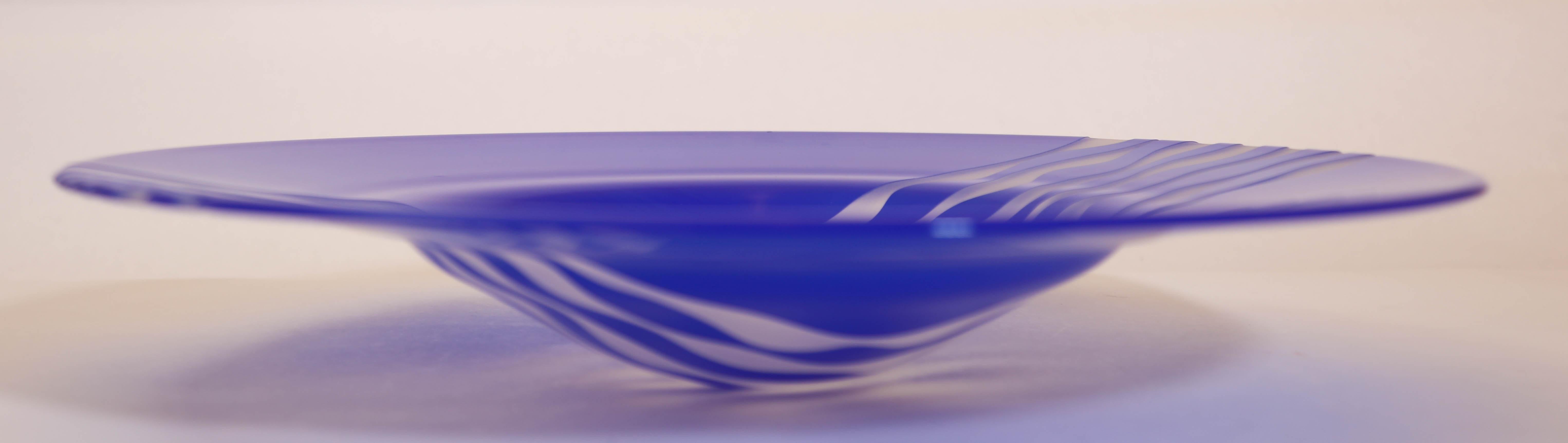 Contemporary Leonard Marty Cobalt Blue with Etched Waves Large Art Glass Bowl Signed Dated For Sale