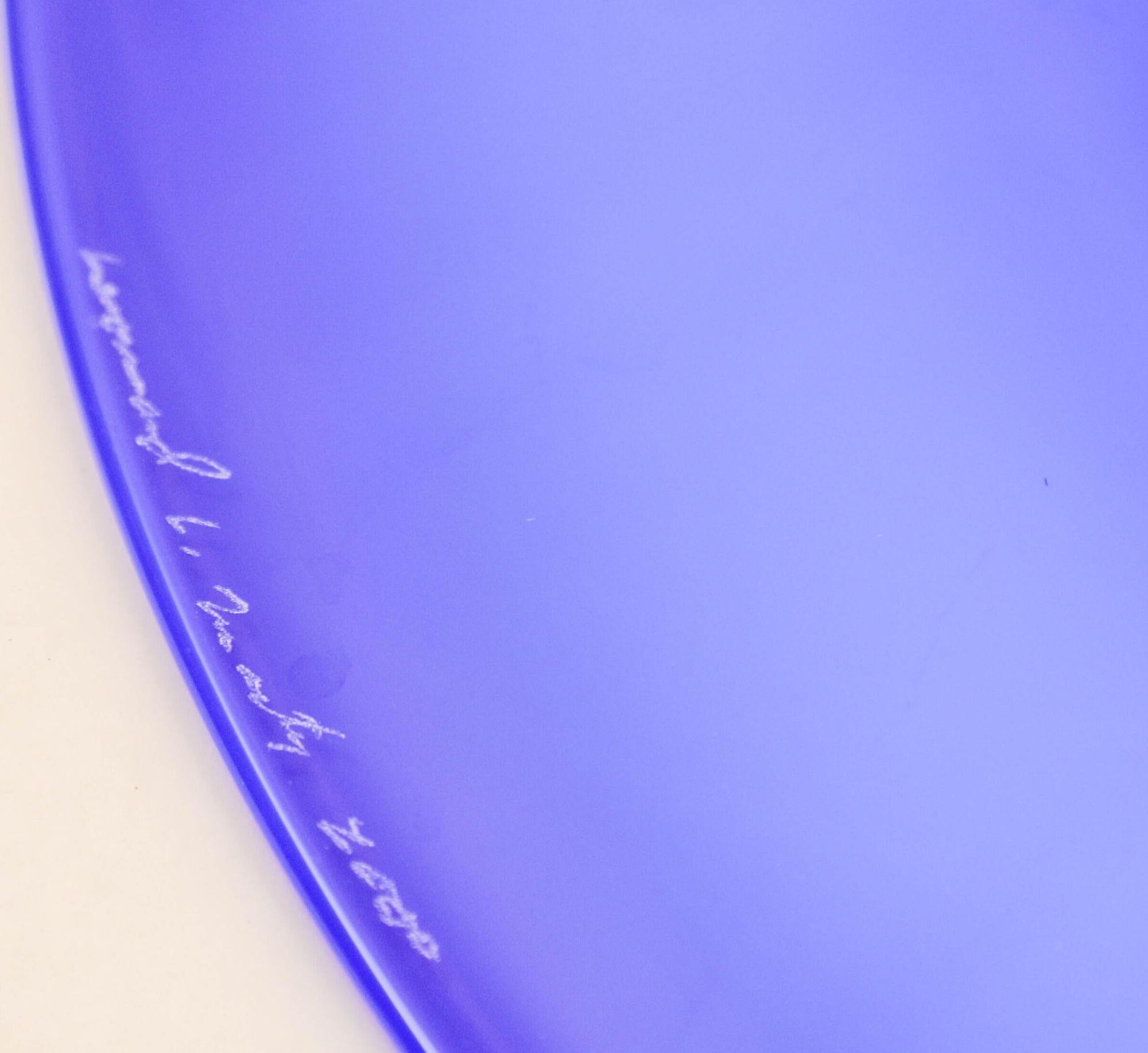 Leonard Marty Cobalt Blue with Etched Waves Large Art Glass Bowl Signed Dated For Sale 2