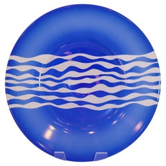 Leonard Marty Cobalt Blue with Etched Waves Large Art Glass Bowl Signed Dated