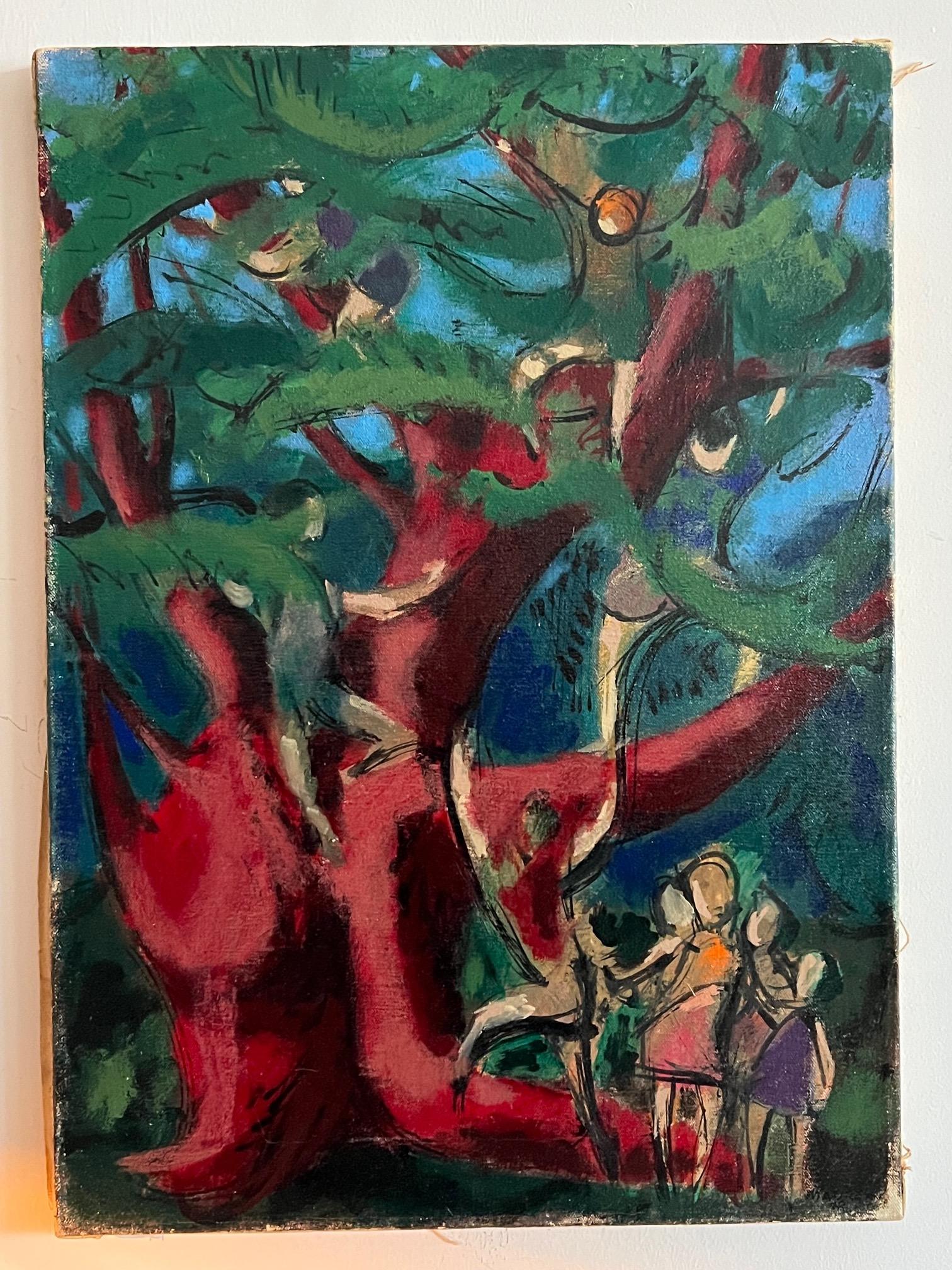 Charmante peinture à l'huile réalisée par le célèbre artiste de Washington DC Leonard Maurer, vers 1948. Représentation d'enfants grimpant aux arbres. Un merveilleux sens de la couleur et un véritable sentiment de milieu de siècle dans le travail de