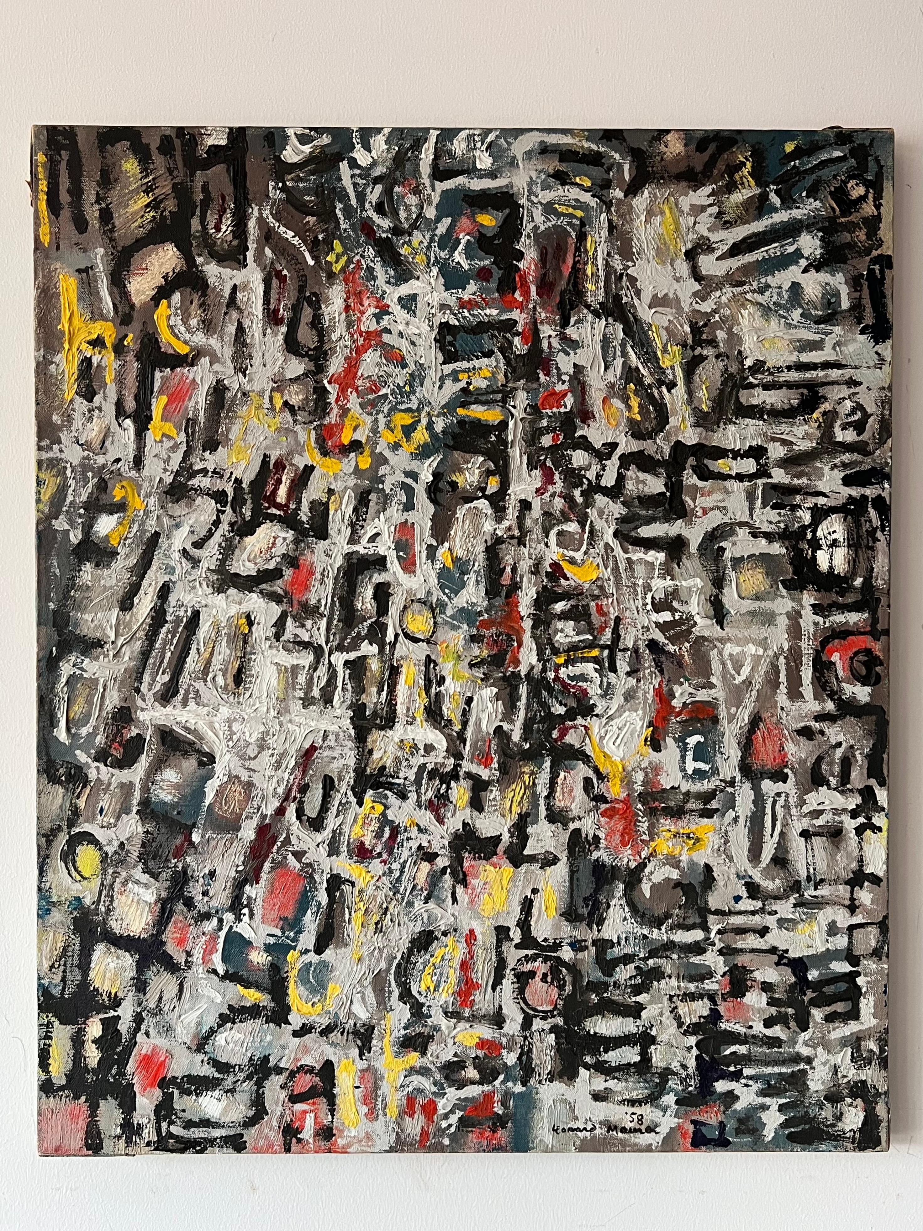 A very good example of an original Abstract Expressionist painting by Leonard Maurer, 1958. It is an oil on canvas,measuring 20x24