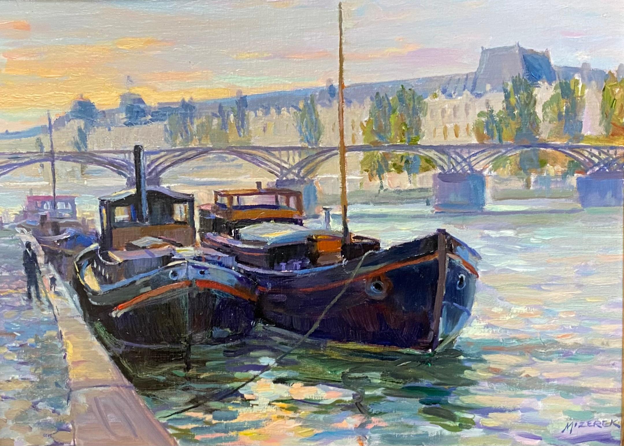 Péniches près du Louvre, paysage marin impressionniste français original - Painting de Leonard Mizerek
