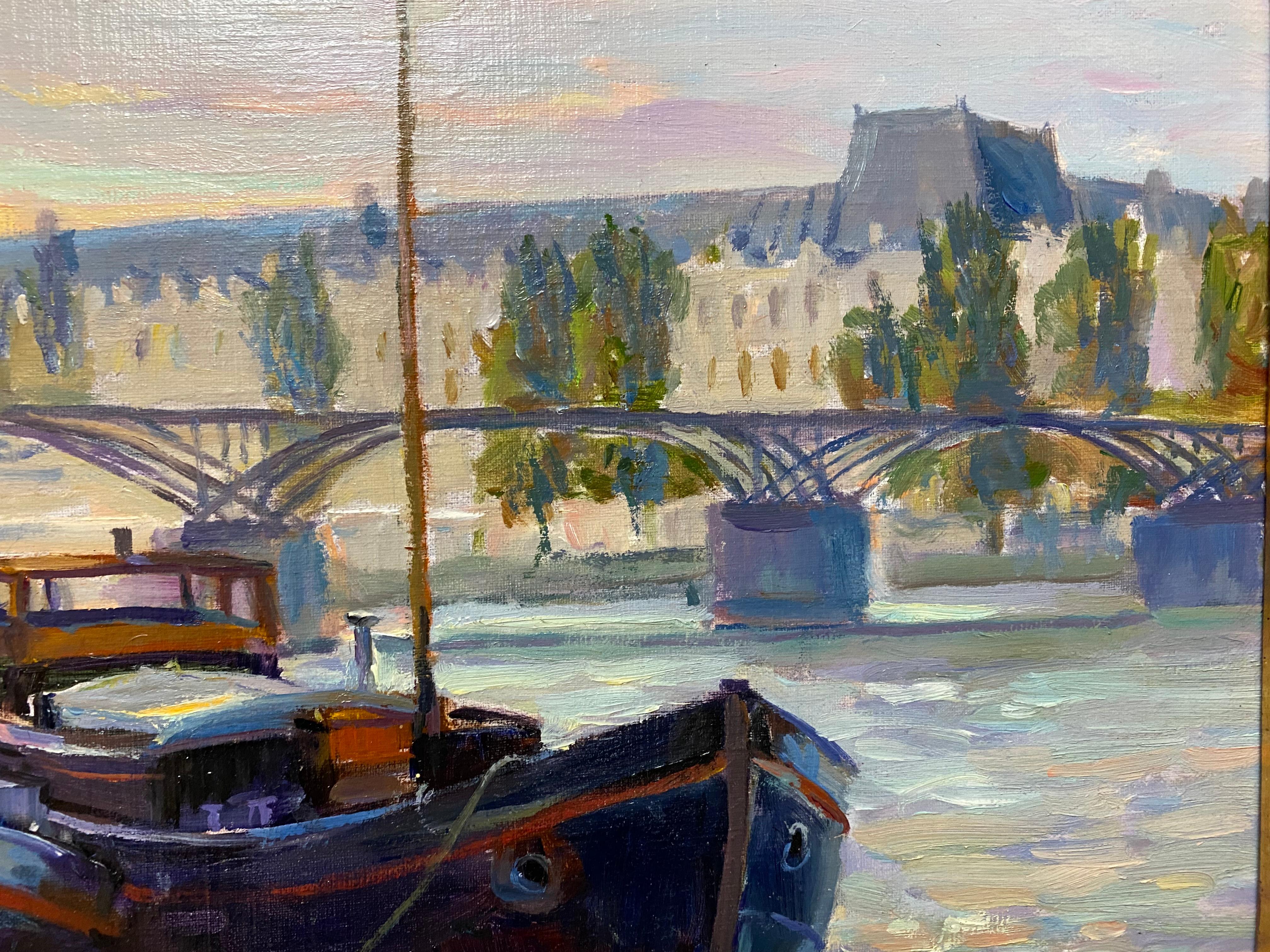 Péniches près du Louvre, paysage marin impressionniste français original - Impressionnisme Painting par Leonard Mizerek