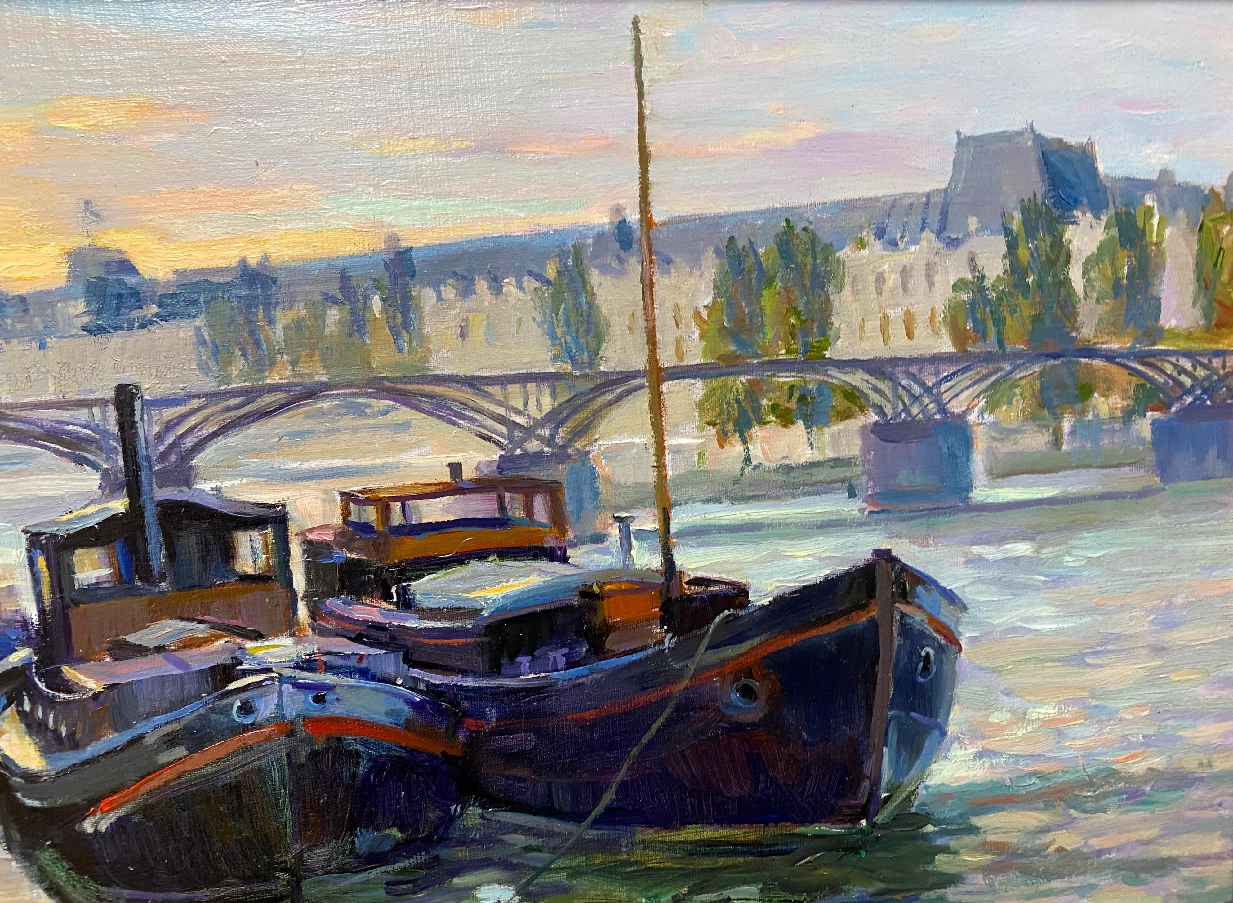 Barges Near the Louvre, original French Impressionist marine landscape For Sale 1