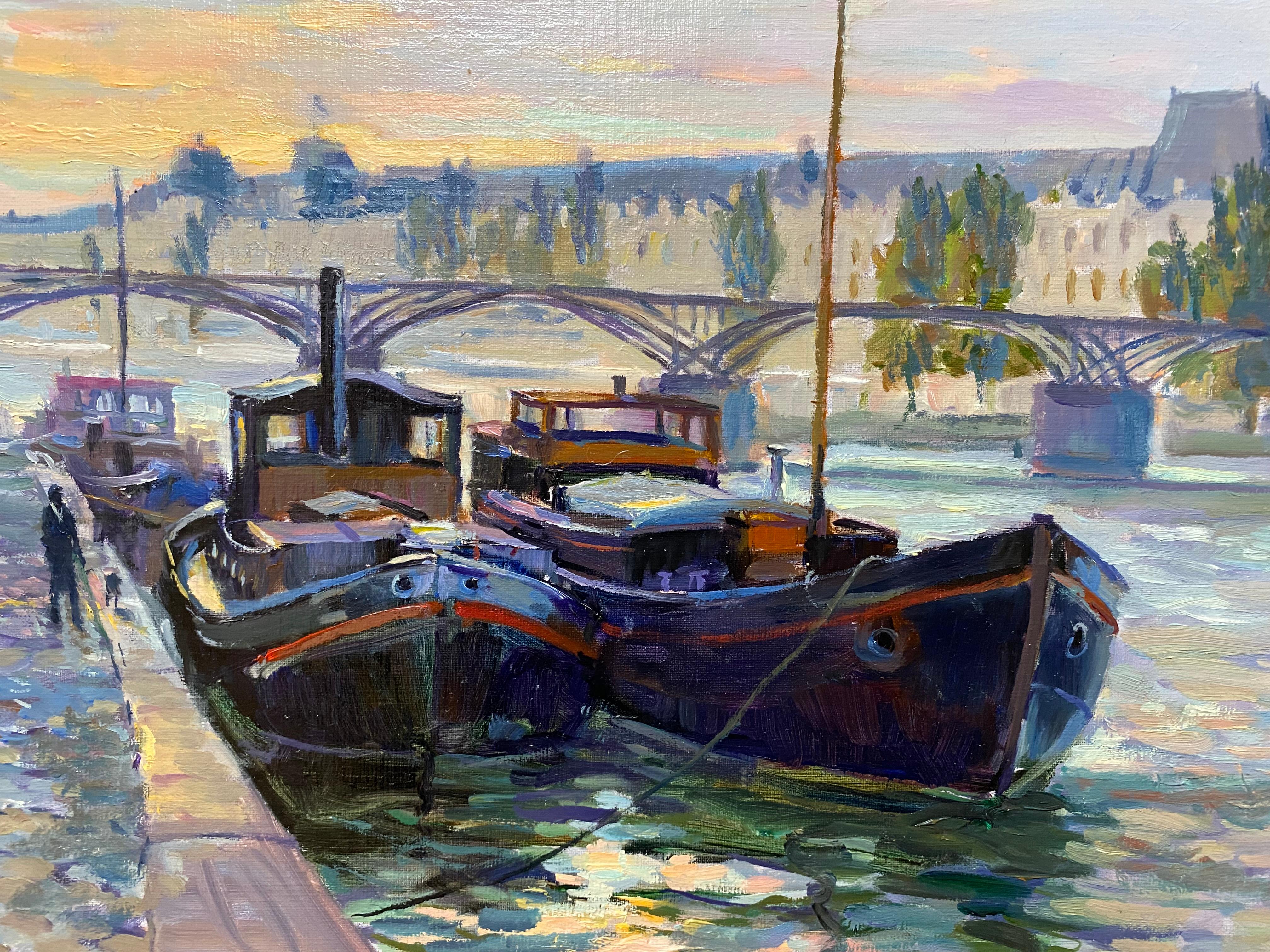 Péniches près du Louvre, paysage marin impressionniste français original en vente 1