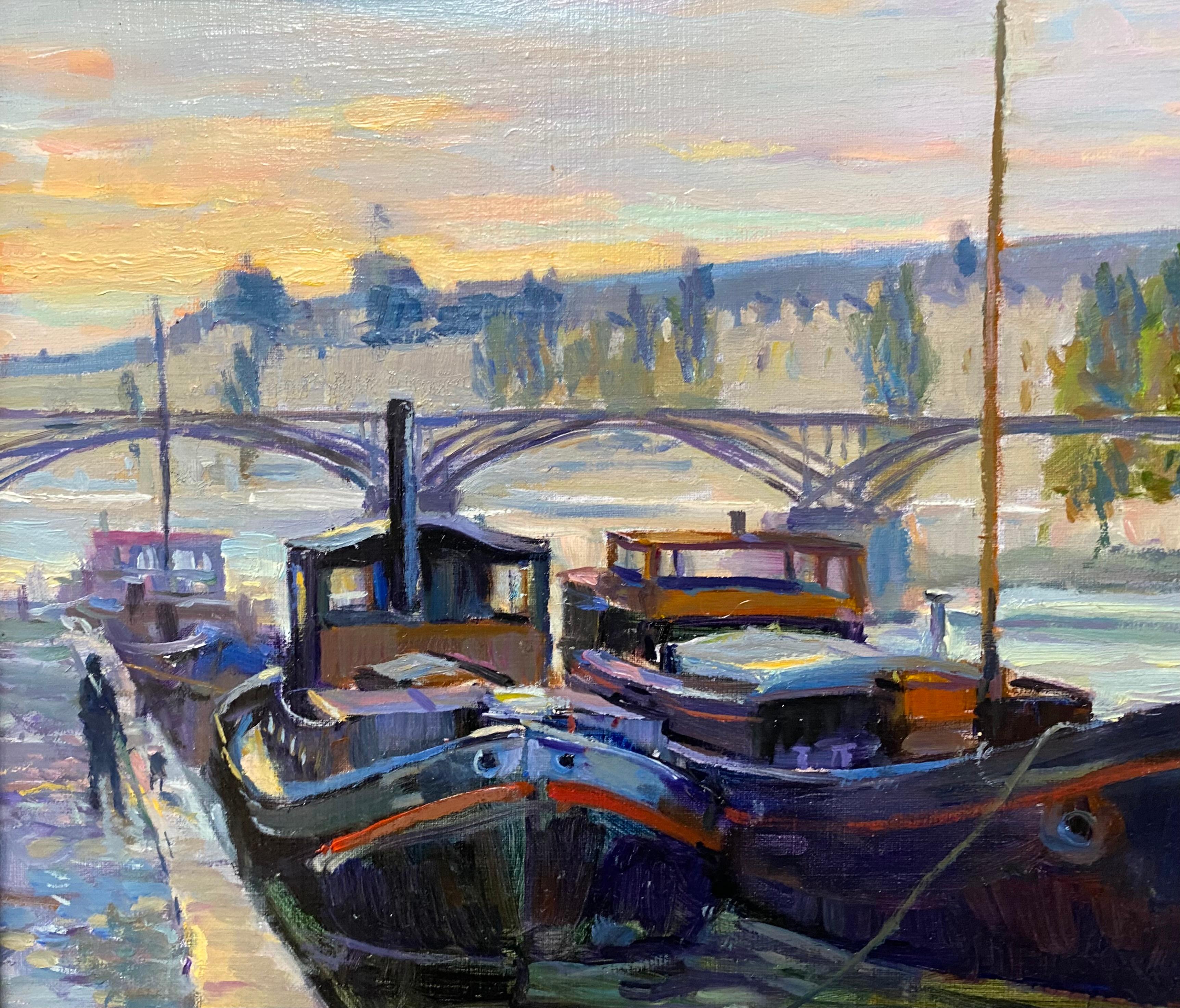 Barges Near the Louvre, original French Impressionist marine landscape For Sale 4