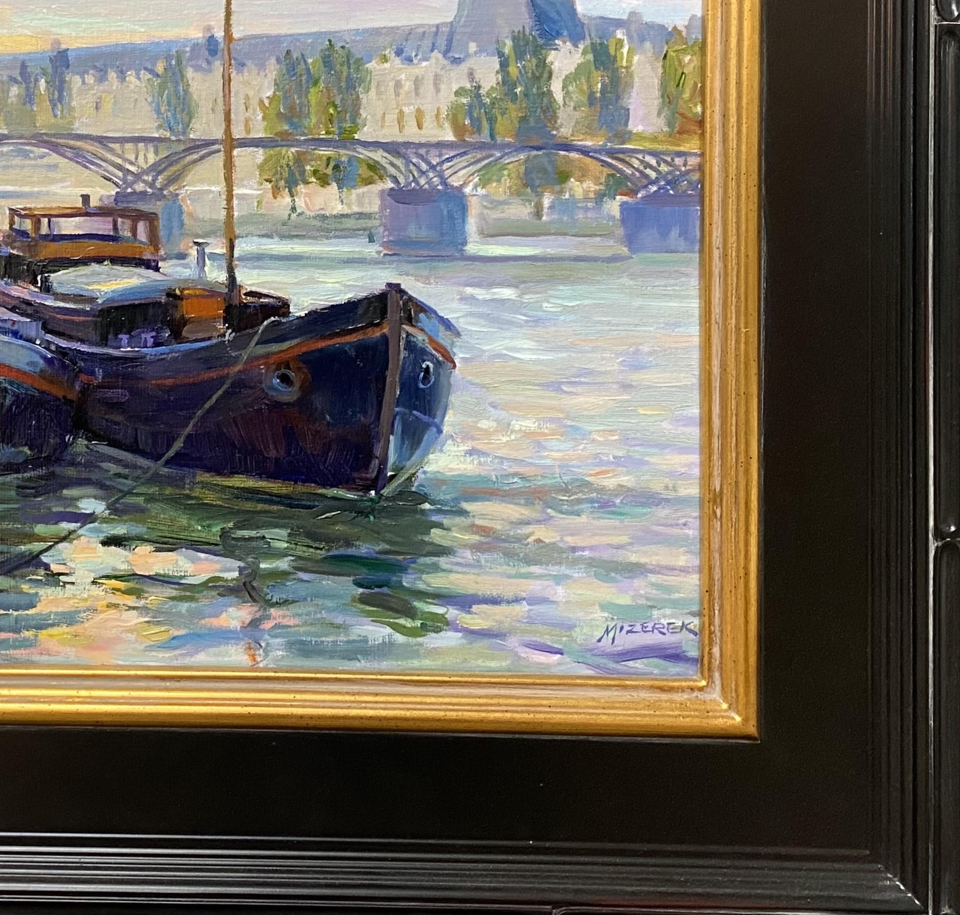 Péniches près du Louvre, paysage marin impressionniste français original en vente 4