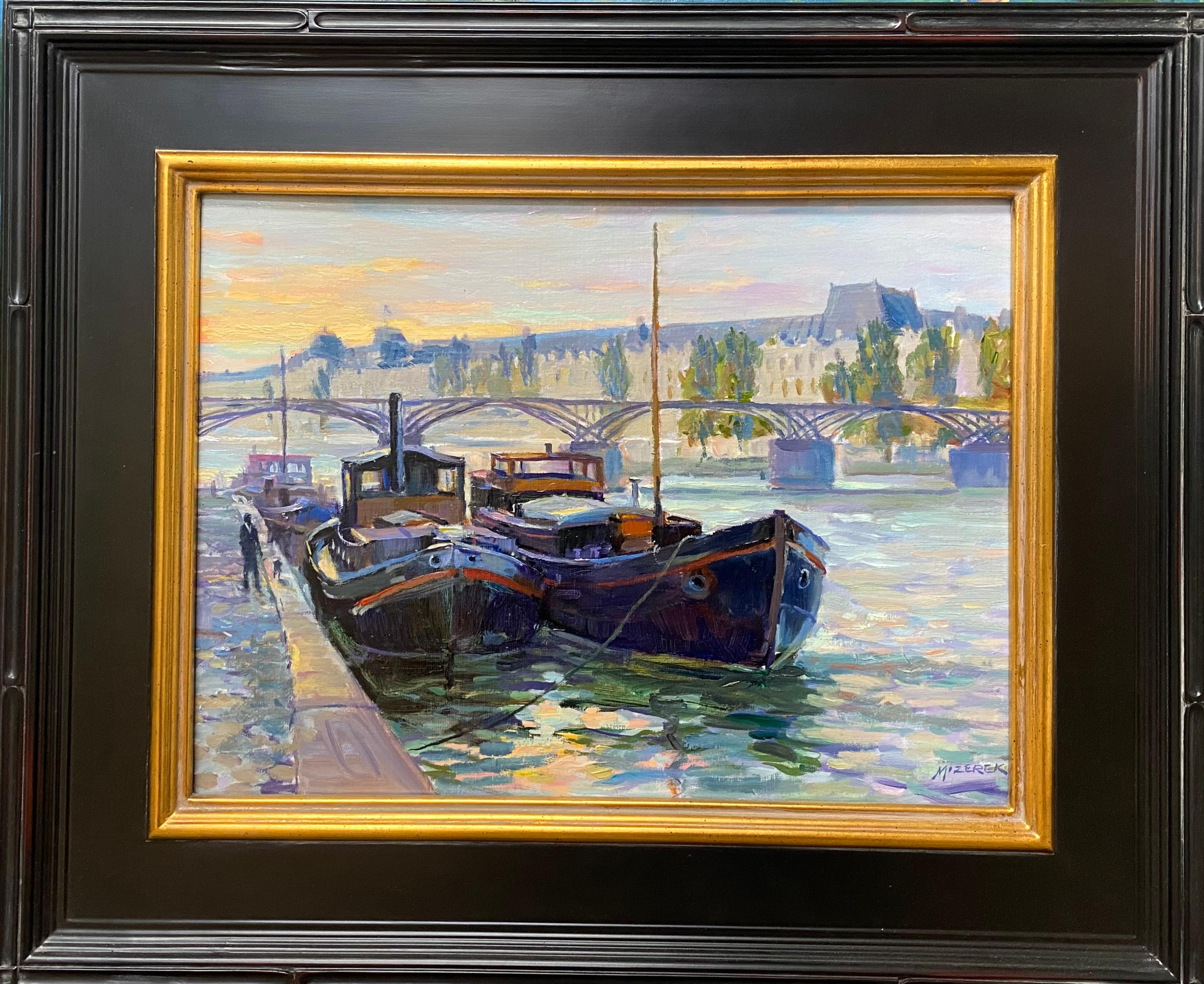 Leonard Mizerek Figurative Painting - Barges Near the Louvre, original French Impressionist marine landscape