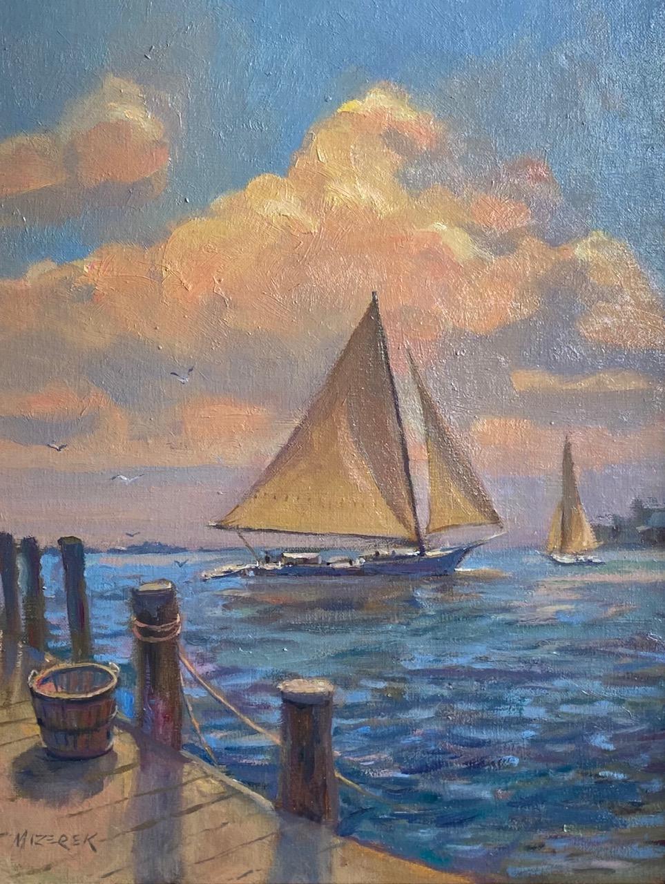 Afternoon Sail, original marine landscape - Painting by Leonard Mizerek