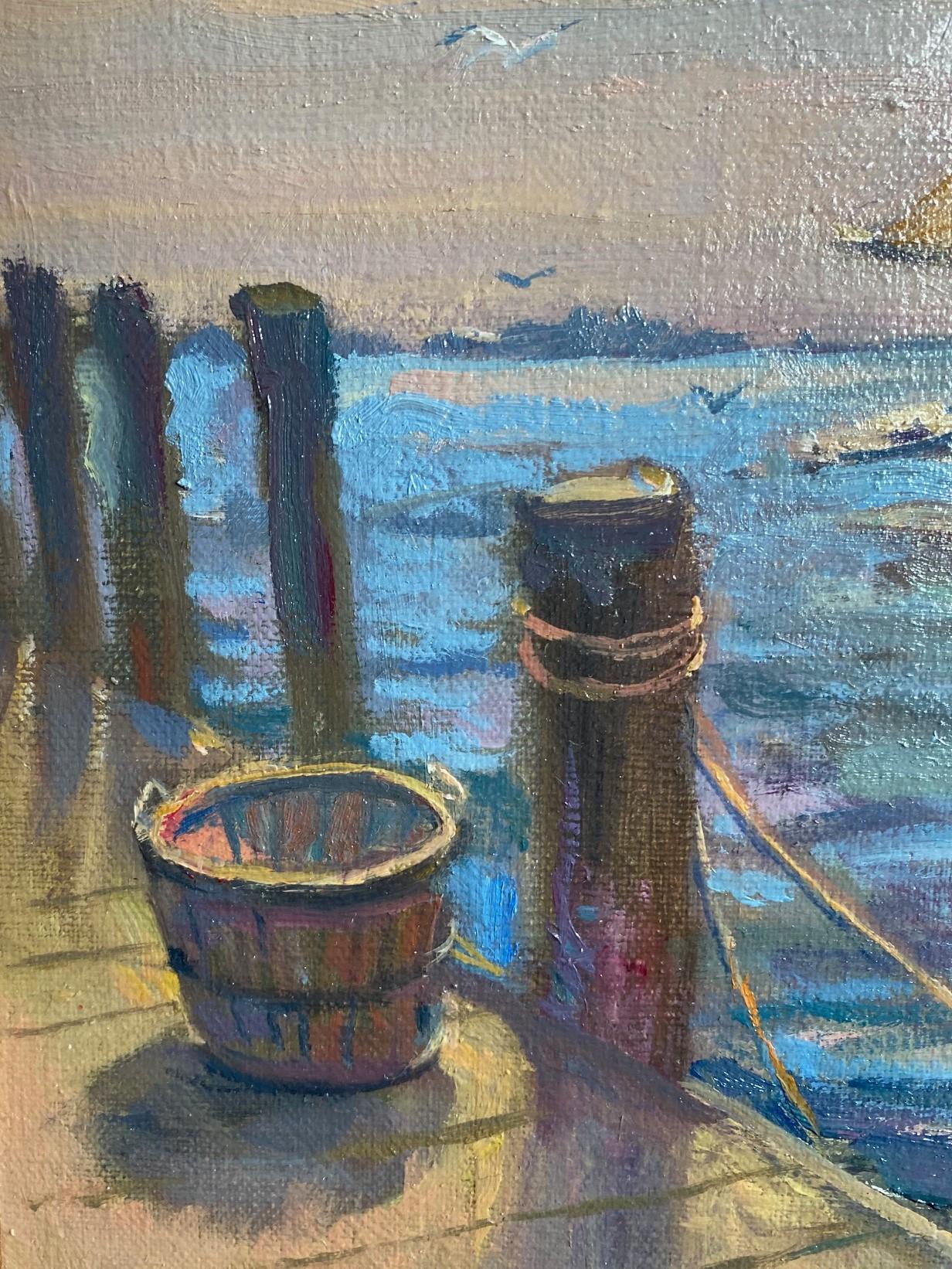 Sailing home late afternoon after a joyous and invigorating jaunt relieved the tension and graced you with a new perspective!  Bold brush strokes accentuate the active yet gentle waters while a mixture of colors from blues to pinks draw attention to