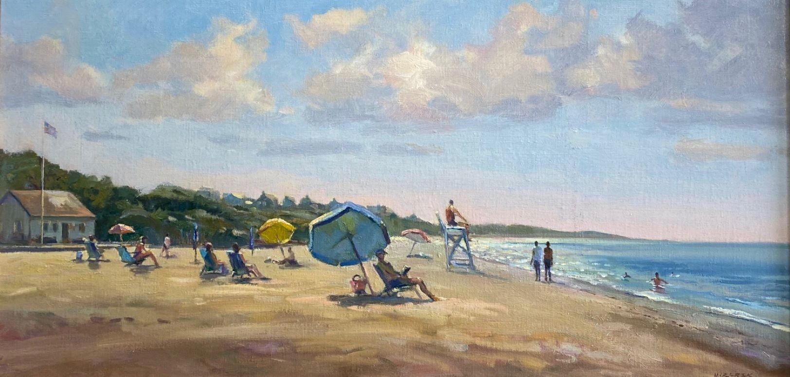 At the Beach, Nantucket, original 15x30 marine landscape - Painting by Leonard Mizerek