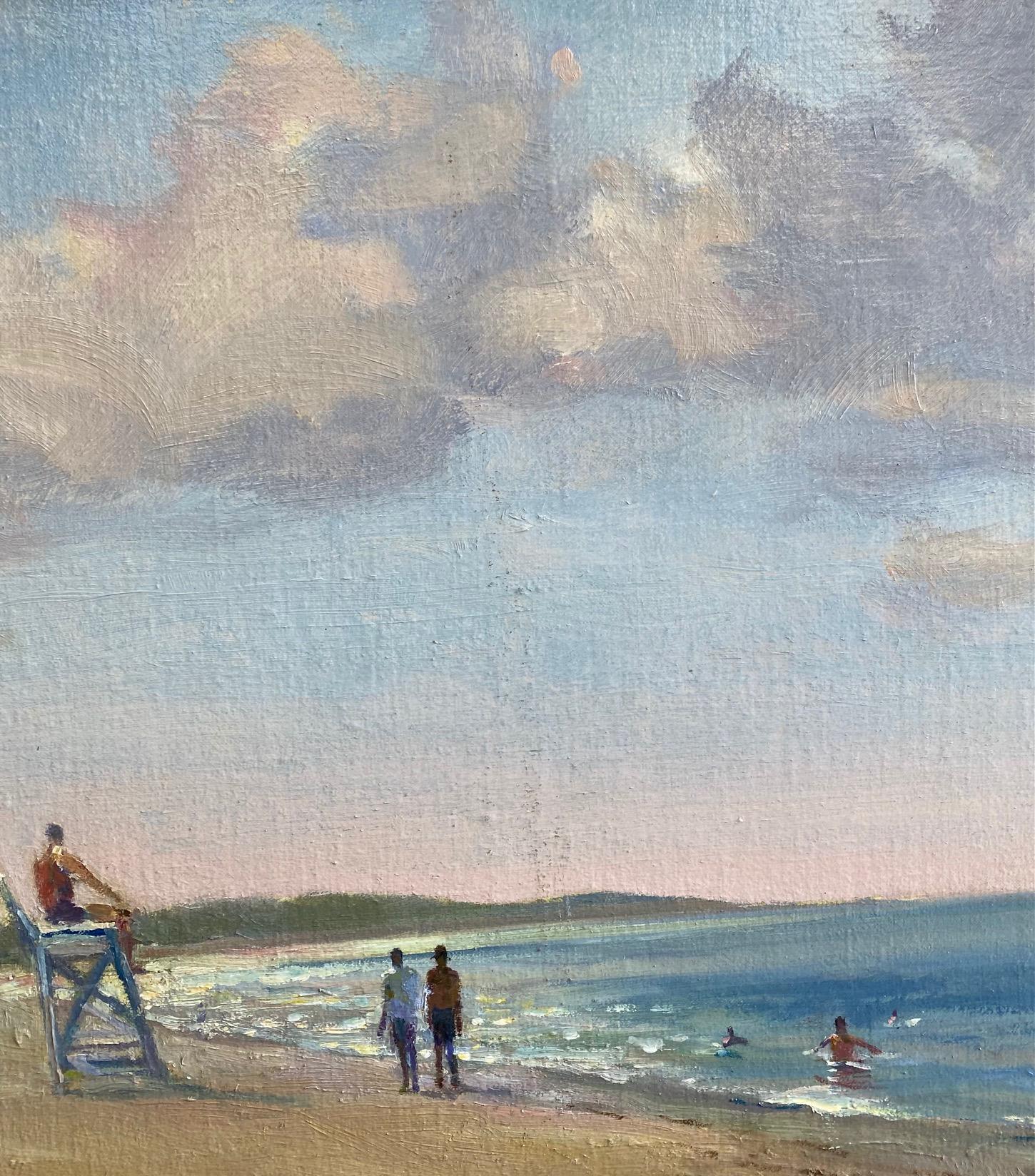 At the Beach, Nantucket, original 15x30 marine landscape - Brown Landscape Painting by Leonard Mizerek