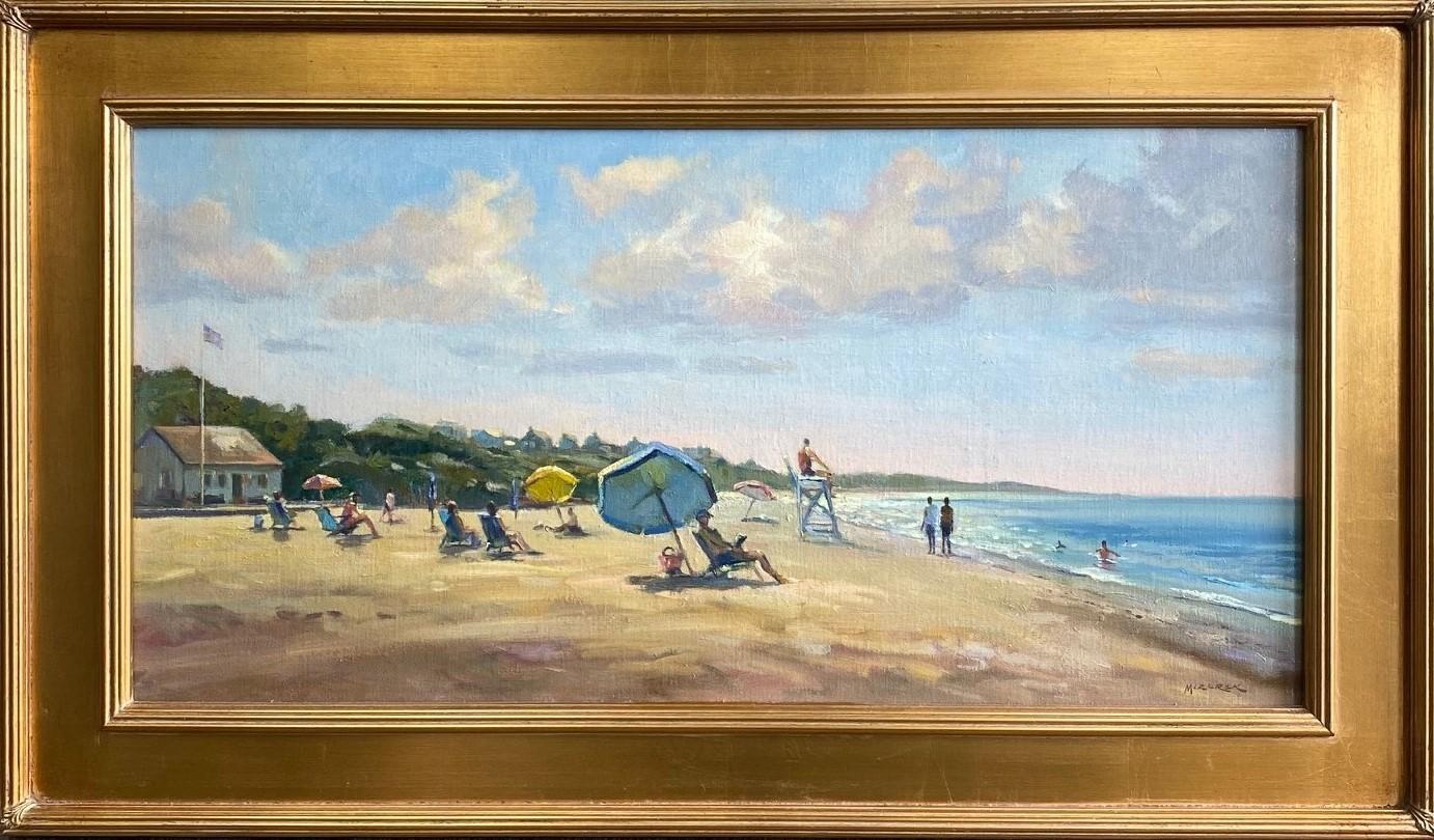 Leonard Mizerek Landscape Painting - At the Beach, Nantucket, original 15x30 marine landscape