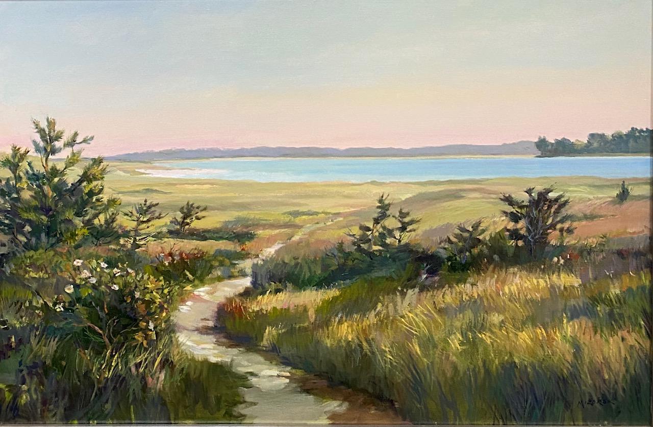 Beach Pathway, original 24x36 impressionist marine landscape - Painting by Leonard Mizerek