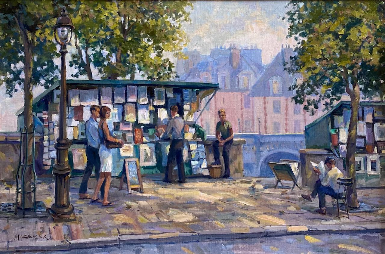 Book Stalls Near Pont Neuf, original 20x30 French Impressionist city landscape - Painting by Leonard Mizerek