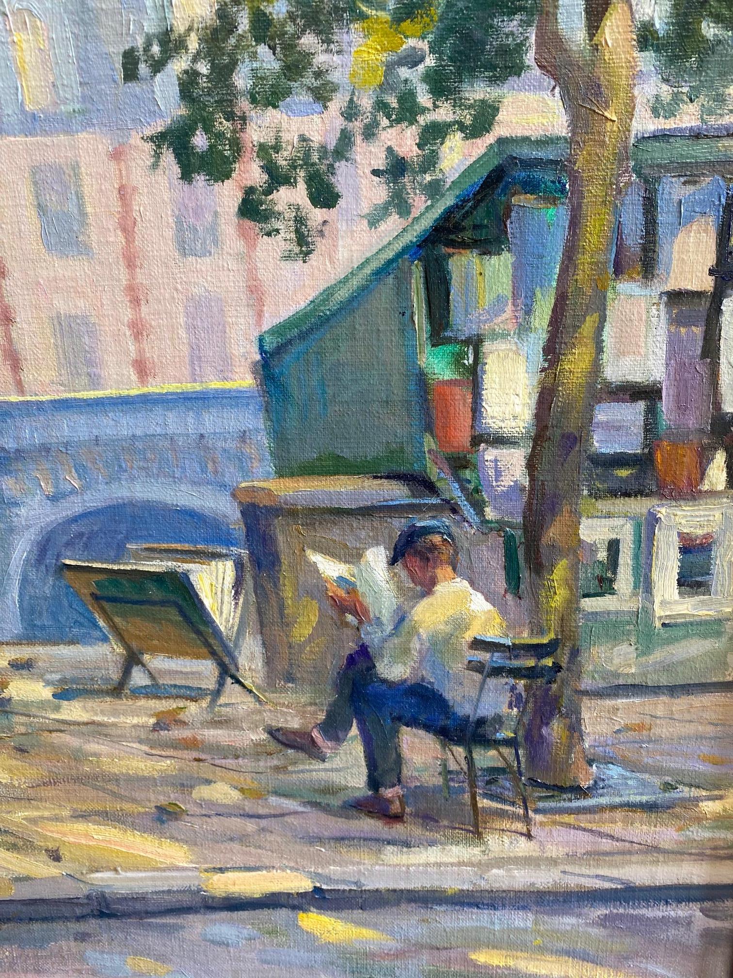 Stalls Near Pont Neuf, paysage de ville impressionniste français original 20x30 - Impressionnisme Painting par Leonard Mizerek