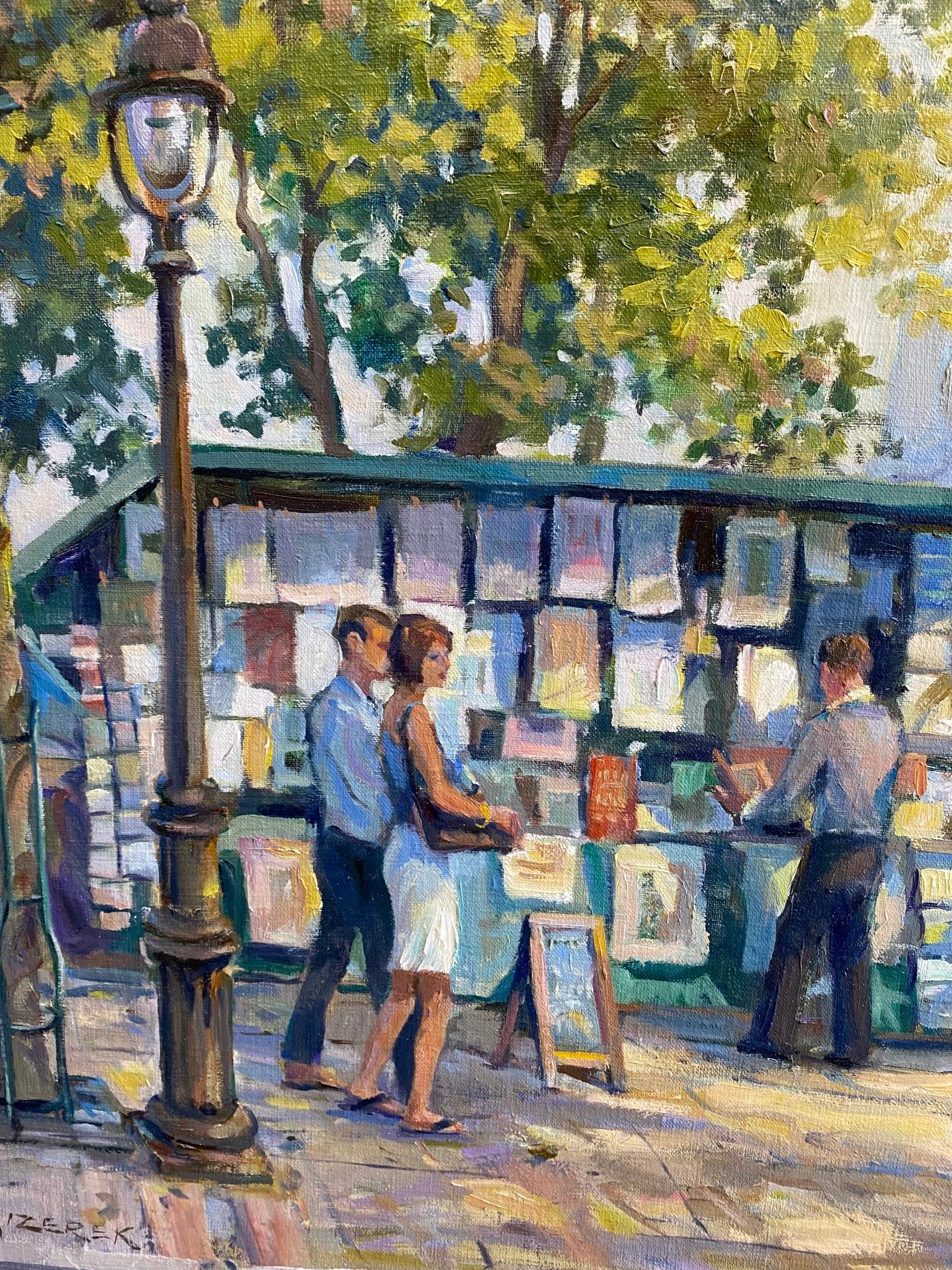 Stalls Near Pont Neuf, paysage de ville impressionniste français original 20x30 en vente 1