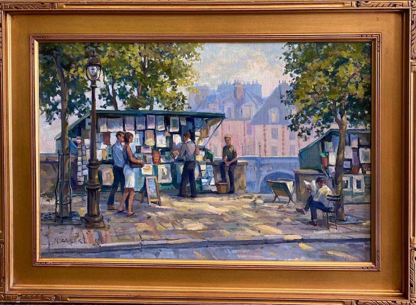 Landscape Painting Leonard Mizerek - Stalls Near Pont Neuf, paysage de ville impressionniste français original 20x30
